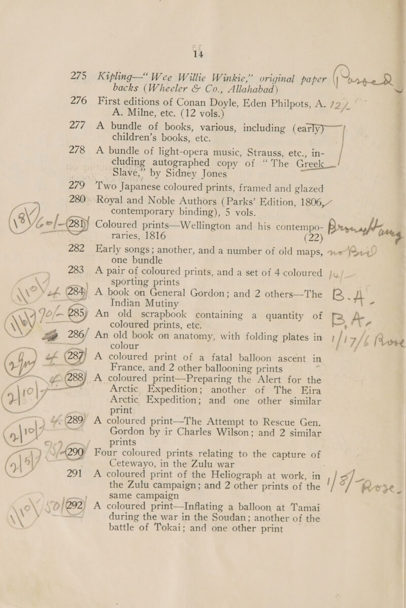 - &lt;—, uve \\ . \ 14 275 Kipling—‘Wee Willie Winkie,” original paper (Onsaell backs (Wheeler &amp; Co., Allahabad) ~ 276 First editions of Conan Doyle, Eden Philpots, A. 727 A. Milne, etc. (12 vols.) 2/7 A bundle of books, various, including (early) children’s books, etc. 278 A bundle of light-opera music, Strauss, etc., in- cluding autographed copy of “The Greek | Slave,” by Sidney Jones uated 279 'Two Japanese coloured prints, framed and glazed 280°. Royal and Noble Authors (Parks’ Edition, 1806,” contemporary binding), 5 vols. Coloured prints—Wellington and his contempo- Boers, raries, 1816 (22) a4 bs 282 Early songs; another, and a number of old maps, neal one bundle 283 A pair of coloured prints, and a set of 4 coloured be sporting prints book on General Gordon; and 2 others—The [2 . 4 Indian Mutiny sf old scrapbook containing a quantity of G L- coloured prints, etc. he old book on anatomy, with folding plates in colour coloured print of a fatal balloon ascent in France, and 2 other ballooning prints coloured print—Preparing the Alert for the — 285) An | 7/6 ase Z jp Arctic Expedition; another of The Fira Arctic Expedition; and one other similar print ) 4. (289° A coloured print—The Attempt to Rescue Gen. Praseninre Gordon by ir Charles Wilson; and 2 similar A pos, prints (299) Four coloured prints relating to the capture of Cetewayo, in the Zulu war 291 A coloured print of the Heliograph at work, in the Zulu campaign; and 2 other prints of the same campaign A coloured print—Inflating a balloon at T'amai during the war in the Soudan; another of the battle of Tokai; and one other print oa ’ 1 pese, ; Vag | 6/292) é t Ne ’ fi