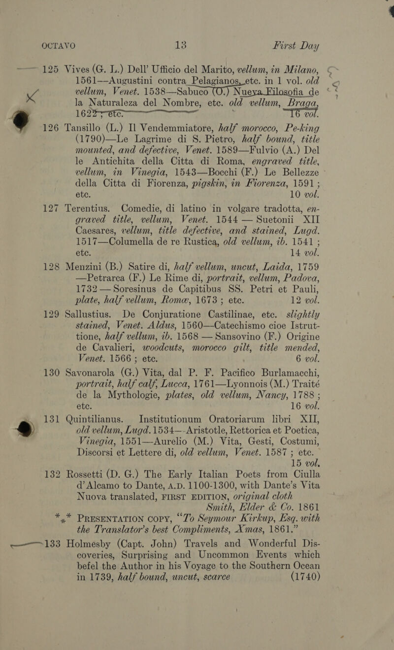 ~~ 125 Vives (G. L.) Dell’ Ufficio del Marito, vellum, in Milano, © 1561—-Augustini contra Pelagianos, ete. in 1 vol. old — Va vellum, Venet. 1538—Sabuco tO.) Nueva Filosofia de ot la Naturaleza del Nombre, etc. old vellum, Braga, arg COE are Py seme ace Y [6 vol 1622&gt;6te 7 126 Tansillo (L.) Il Vendemmiatore, half morocco, Pe-hing (1790)—Le Lagrime di S. Pietro, half bound, title mounted, and defective, Venet. 1589—Fulvio (A.) Del le Antichita della Citta di Roma, engraved title, vellum, in Vinegia, 1543—Bocchi (F.) Le Bellezze - della Citta di Fiorenza, pigskin, in Forenza, 1591 ; ete. 10 vol. 127 Terentius. Comedie, di latino in volgare tradotta, en- graved title, vellum, Venet. 1544 — Suetonii XII Caesares, vellum, title defective, and stained, Lugd. 1517—Columella de re Rustica, old vellum, 7b. 1541 ; ete. 14 vol. 128 Menzini (B.) Satire di, half vellum, uncut, Laida, 1759 —Petrarca (F.) Le Rime di, portrait, vellum, Padova, 1732 —Soresinus de Capitibus SS. Petri et Pauli, plate, half vellum, Roma, 1673 ; ete. 12 vol. 129 Sallustius. De Conjuratione Castilinae, etc. slightly stained, Venet. Aldus, 1560—Catechismo cioe Istrut- tione, half vellum, ib. 1568 — Sansovino (F.) Origine de Cavalieri, woodcuts, morocco gilt, title mended, Venet. 1566 ; ete. ) 6 vol. 130 Savonarola (G.) Vita, dal P. F. Pacifico Burlamacchi, portrait, half calf, Lucca, 1761—Lyonnois (M.) Traité de la Mythologie, plates, old vellum, Nancy, 1788 ; ete. 16 vol. — 131 Quintilianus. Institutionum Oratoriarum libri XII, ss old vellum, Lugd.1534—-Aristotle, Rettorica et Poetica, Vinegia, 1551—-Aurelio (M.) Vita, Gesti, Costumi, Discorsi et Lettere di, old vellum, Venet. 1587 ; ete. 15 vol, 132 Rossetti (D. G.) The Early Italian Poets from Ciulla d’ Aleamo to Dante, A.D. 1100-1300, with Dante’s Vita Nuova translated, FIRST EDITION, original cloth Smith, Elder &amp; Co. 1861 *.* PRESENTATION Copy, “Zo Seymour Kirkup, Esq. with the Translator’s best Compliments, Xmas, 1861.” ———~133 Holmesby (Capt. John) Travels and Wonderful Dis- coveries, Surprising and Uncommon Events which befel the Author in his Voyage to the Southern Ocean in 1739, half bound, uncut, scarce (1740)