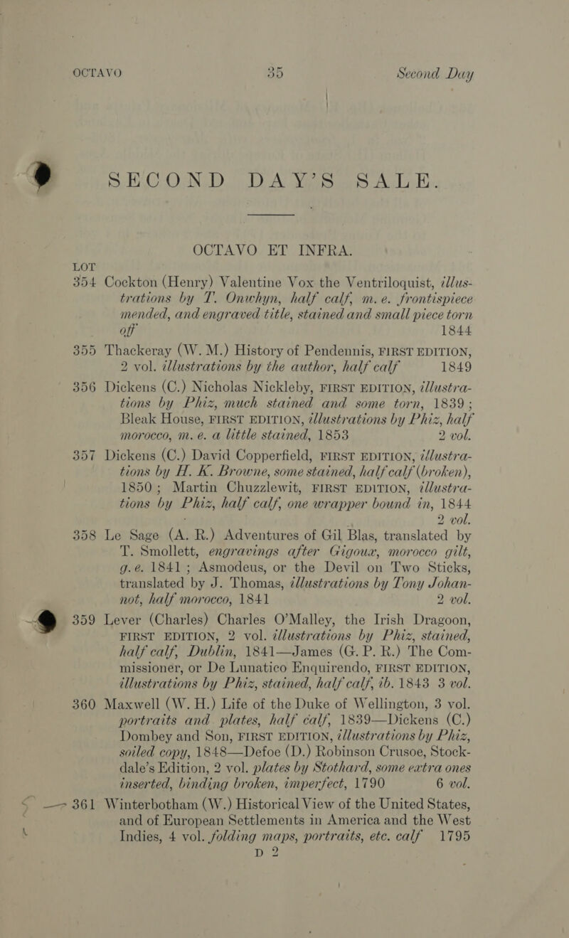 LOT 354 £ 358 359 360 Sas BEd QW Or Second Duy By EAC OeN DW DA: Niue ALi). OCTAVO ET INFRA. Cockton (Henry) Valentine Vox the Ventriloquist, ¢dus- trations by T’.. Onwhyn, half calf, m. e. frontispiece mended, and engraved title, stained and small piece torn oft 1844 Thackeray (W.M.) History of Pendennis, FIRST EDITION, 2 vol. tllustrations by the author, half calf 1849 Dickens (C.) Nicholas Nickleby, FIRST EDITION, ¢Jlustra- tions by Phiz, much stained and some torn, 1839 ; Bleak House, FIRST EDITION, tdlustrations by Phiz, half morocco, m.é. a little stained, 1853 2 vol. Dickens (C.) David Copperfield, FIRST EDITION, é/lustra- tions by H. K. Browne, some stained, half calf (broken), 1850; Martin Chuzzlewit, FIRST EDITION, ?llustra- tions by Phiz, half calf, one wrapper bound in, 1844 2 vol. Le Sage (A. R.) Adventures of Gil Blas, translated by T. Smollett, engravings after Gigoux, morocco gilt, g.é. 1841 ; Asmodeus, or the Devil on Two Sticks, translated by J. Thomas, 2llustrations by Tony Johan- not, half morocco, 1841 2 vol. Lever (Charles) Charles O’Malley, the Irish Dragoon, FIRST EDITION, 2 vol. cllustrations by Phiz, stained, half calf, Dublin, 1841—James (G. P. R.) The Com- missioner, or De Lunatico Enquirendo, FIRST EDITION, illustrations by Phiz, stained, half calf, ib. 1843 3 vol. Maxwell (W. H.) Life of the Duke of Wellington, 3 vol. portraits and plates, half calf, 1839—Dickens (C.) Dombey and Son, FIRST EDITION, 2llustrations by Phiz, soiled copy, 1848—Defoe (D.) Robinson Crusoe, Stock- dale’s Edition, 2 vol. plates by Stothard, some eatra ones inserted, binding broken, imperfect, 1790 6 vol. Winterbotham (W.) Historical View of the United States, and of European Settlements in America and the West Indies, 4 vol. folding maps, portratts, ete. calf 1795 D 2