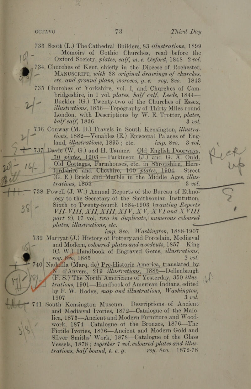 : ! : 733 Scott (L.) The Cathedral Builders, 83 ¢lustrations, 1899 A - - —Memoirs of Gothic Churches, read before the | Oxford Society, plates, calf, m.e. Oxford, 1848 2 vol. y ; 734 Churches of Kent, chiefly in the Diocese of Rochester, £ o- MANUSCRIPT, with 38 original drawings of churches, v . etc. and ground plans, morocco, g.e. roy. 8vo. 18438 735 Churches of Yorkshire, vol. I, and Churches of Cam- bridgeshire, in 1 vol. plates, half calf, Leeds, 1844— v/ io Buckler (G.) Twenty-two of the Churches of Essex, llustrations, 1856—Topography of Thirty Miles round London, with Descriptions by W. E. Trotter, plates,  half calf, 1836 3 vol. » 736 Conway (M. D.) Travels in Sa oth Kensington, 2lustra- Y} + tions, 1882—Venables (.) Episcopal Palaceaot Eng- S , land, ¢lustrations, 1895 ; ete. amp. 8vo. 3 wol. + 13h Davie (W. G.) and H. Tanner. Old English Doorways, — — 10 plates, 1903 — Parkinson and G. A. Ould.   ie, Old Cottages, “armhouses, etc. in Shropshire, Here- ~fordshirée” and” Cheshire; 100 “plates, 1904 — Street “(G. E.) Brick and= Marble in the Middle Ages, illus- ; trations, 1855 3 voll. = 738 Powell (J. W.) Annual Reports of the Bureau of Ethno- é logy to the Secretary of the Smithsonian Institution, ¢ Lp Sixth to Twenty-fourth 1884-1903 (wanting Reports 3 Po VT IP XT NIV, X VA Fand X VET          imp. 8vo. Washington, 1888-1907 739 Marryat (J.) History of Pottery and Porcelain, Medieval and Modern, coloured plates and woodcuts, 1857—King V.) Handbook of Engraved Gems, ¢lustrations, _ 8v0, 1885 2 vol. ila (Marq. de) Pre-Historic America, translated by d’Anvers, 219 illustrations, 1885—Dellenbaugh (F- S.) The North Americans of Yesterday, 350 ¢dlus- by F. W. Hodge, map and illustrations, Washington, a 1907 3 vol. f——~ 741 South Kensington Museum. Descriptions of Ancient ; \ and Medieval Ivories, 1872—Catalogue of the Maio- ; lica, 1873—Ancient and Modern Furniture and Wood- g \ ae, work, 1874—Catalogue of the Bronzes, 1876—The ; \\$ \ Fictile Ivories, 1876—Ancient and Modern Gold and g : Silver Smiths’ Work, 1878—Catalogue of the Glass Vessels, 1878; together 7 vol. coloured plates and illus- trations, half bound, t. e. g. roy. 8vo. 1872-78 é f