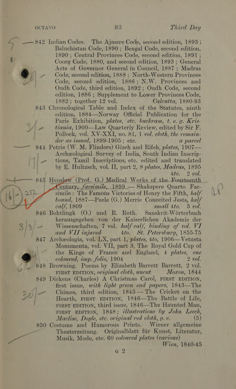 “ -—— 842 Indian Codes. The Ajmere Code, second edition, 1893 ; ? Baluchistan Code, 1890; Bengal Code, second edition, ay. 1890 ; Central Provinces Code, second edition, 1891 ; 8 Coorg Code, 1880, and second edition, 1893 ; General : Acts of Governor General in Council, 1887 ; Madras @ » Code, second edition, 1888 ; North-Western Provinces y Code, second edition, 1886; N.W. Provinces and Oudh Code, third edition, 1892; Oudh Code, second edition, 1886 ; Supplement to Lower Provinces Code, 1882; together 12 vol. Calcutta, 1880-93 843 Chronological Table and Index of the Statutes, ninth edition, 1884—-Norway Official Publication for the Paris Exhibition, plates, etc. buckram, t. e. g. Kris- a tiania, 1900—Law Quarterly Review, edited by Sir F. Pollock, vol. XV-XXI, no. 81, 1 vol. cloth, the remain- der as issued, 1899-1905 ; etc. a parcel ———_ 844 Petrie (W. M. Flinders) Gizeh and Rifeh, plates, 1907— Archeological Survey of India, South Indian Inscrip- ~ tions, Tamil Inscriptions, etc. edited and translated by E. Hultzsch, vol. II, part 2, 8 plates, Madras, 1895 4to. 2 vol. m{———._ 845 Hens Century,.facsimile, 1899 — Shakspere Quarto Fac- simile: The Famous Victories of Henry the Fifth, half bound, 1887—Peele (G.) Merrie Conceited Jests, half calf, 1809 small 4to. 3 vol. 846 Bohtlingk (O.) und R. Roth. Sanskrit-Worterbuch herausgegeben von der Kaiserlichen Akademie der 2 /%/ — Wissenschaften, 7 vol. half calf, binding of vol. VI ; and VIT injured 4to. St. Petersburg, 1855-75 847 Archeologia, vol. LX, part 1, plates, 4¢0, 1906—Vetusta Monumenta, vol. VII, part 3, The Royal Gold Cup of co +  iL) the Kings of France and England, 4 plates, one &gt; | coloured, imp. folio, 1904 2 vol. “848 Browning. Poems by Elizabeth Barrett Barrett, 2 vol. v FIRST EDITION, orginal cloth, uncut Moxon, 1844 849 Dickens (Charles) A Christmas Carol, FIRST EDITION, first issue, with light green end papers, 1843—The Chimes, third edition, 1845— The Cricket on the Hearth, FIRST EDITION, 1846—The Battle of Life, FIRST EDITION, third issue, 1846—The Haunted Man, FIRST EDITION, 1848; ¢llustrations by John Leech, Maclise, Doyle, etc. original red cloth, g. e. (5) 850 Costume and Humorous Prints. Wiener allgemeine Theaterzeitung. Originalblatt fiir Kunst, Literatur, ae : Musik, Mode, ete. 60 coloured plates (various) Wien, 1840-45 G 2