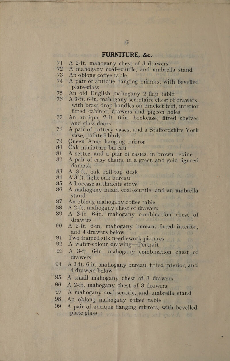  6 FURNITURE, &amp;c. A 2-ft. mahogany chest of 3 drawers” A mahogany coal-scuttle, and umbrella stand An oblong coffee table A pair of antique hanging mirrors, with bevelled plate-glass An old English mahogany 2-flap table A 3-ft. 6-in. mahogany secretaire chest of drawers, with brass drop handles on bracket feet, interior fitted cabinet, drawers and pigeon holes An antique 2-ft. 6-in. bookcase, fitted shelves and glass doors: | A pair of pottery vases, and a Staffordshire Ys ork vase, painted birds | Queen Anne hanging mirror Oak miniature bureau A settee, and a pair of easies, in brown rexine A pair of easy chairs, in a green and gold figured damask ~ A 3-ft. oak roll-top desk A 3-ft. light oak bureau A Lucesse anthracite stove A mahogany inlaid coal-scuttle, and an umbrella stand An oblong mahogany coffee table A 2-ft. mahogany chest of drawers A 3-ft. 6-in. mahogany combination chest OF drawers A 2-ft. 6-in, mahogany pendent} fitted interior, and 4 drawers below Two framed silk needlework pictures A water-colour drawing—Portrait drawers A 2-ft, 6-in. mahogany bureau, fitted interior, and 4 drawers below A small mahogany chest of 3 drawers A 2-ft. mahogany chest of 3 drawers A mahogany coal-scuttle, and umbrella hand An oblong mahogany coffee table A pair of antique hanging mirrors, with Pevelleg plate glass | )
