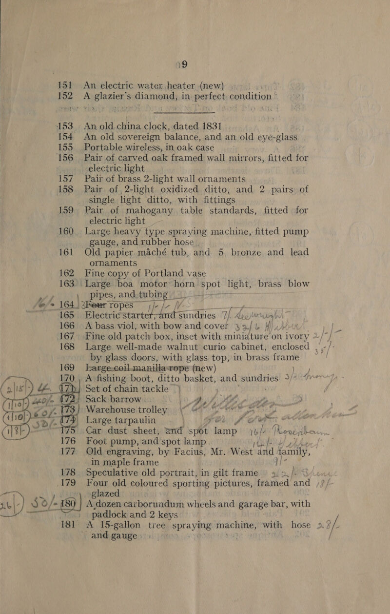 19 131 An. electric water heater (new) ! ail A i narnia S puamond) in, perfect condition. 153. An old.china clock, dated 1831 | 154 An old sovereign balance, and an old eye-glass. | 155. Portable wireless, in oak case 156. Pair of carved oak framed wall mirrors, fitted for electric light 157 Pair of brass 2-light wall ornaments | 158. Pair. of ,2-light oxidized ditto, and 2 pairs: of single light ditto, with fittings 159 Pair of mahogany table standards, fitted for electric light 160, Large heavy type spraying machine, fitted pump gauge, and rubber hose 161 Old papier. maché tub, and 5, bronze and lead ornaments 162 Fine copy of Portland vase 163. Large boa motor horn eee light, brass blow  J, Aggy in 166 A Ha scibibls ne bow and cover 323/b }) A ate 167 Fine old patch box, inset with miniature on ivory ~/ I 168 Large well-made walnut curio cabinet, enclosed , , /- by glass doors, with glass top, in brass oe Large:coil.zmanilla:rope (new) ) A fishing boot, ditto hago and mens 3/34re Set of chain tackle &gt; 4 Sack barrow : ae p Ps f Bh op Fae Ae ft Warehouse. trolley :  ee ZL ‘ ath bs ff. ried ‘al _ Large tarpaulin fea « Car dust sheet, and » 4 hate ah (Lowe, temoaaae Foot pump, and spot lamp Old engraving, by Facius, Mr. West dud family, in maple frame tie 178 Speculative old portrait, in gilt framed of &gt; (S/n 179 Four old coloured sporting pictures, framed and )}/ ci a) glazed 4). ub \-) J O/* 18 A dozen car at eh wheels and garage bar, with 181 A 15-gallon tree sprayers machine,’ with Bose Le of. \ andigauge i+: )%) / 