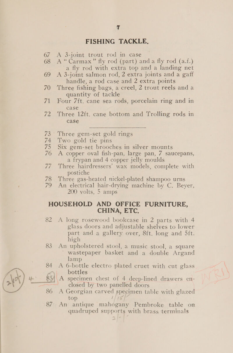 Cy) = Y f FISHING TACKLE, 67 A 3-joint trout rod in case Gee Carmax ily rod wart) anda fy rod. (a.i.) a fly rod with extra top and a landing net 69 A 3-joint salmon rod, 2 extra joints and a gaff handle, a rod case and 2 extra points 70 Three fishing bags, a creel, 2 trout reels and a quantity of tackle 71 Four 7ft. cane sea rods, porcelain ring and in case 72 Three 12ft. cane bottom and Trolling rods in case 73 Three gem-set gold rings 74 ‘Two gold tie -pins 75 Six gem-set brooches in silver mounts a frypan and 4 copper jelly moulds 77 ‘Three hairdressers’ wax models, complete with postiche 78 Three gas-heated nickel-plated shampoo urns 79 An electrical hair-drying machine by C. Beyer, 200 volts, 5 amps HOUSEHOLD AND OFFICE FURNITURE, CHINA, ETC. 82 &lt;A long rosewood bookcase in 2 parts with 4 glass doors and adjustable shelves to lower part and a gallery over, 8ft. long and 5ft. high 83 An upholstered stool, a music stool, a square ' wastepaper basket and a double Argand lamp 84 &lt;A 6-bottle electro plated cruet with cut glass bottles closed by two panelled doors 86 A Georgian carved specimen table with glazed top A/S i 87: An antique mahogany Pembroke table on quadruped supports with brass terminals