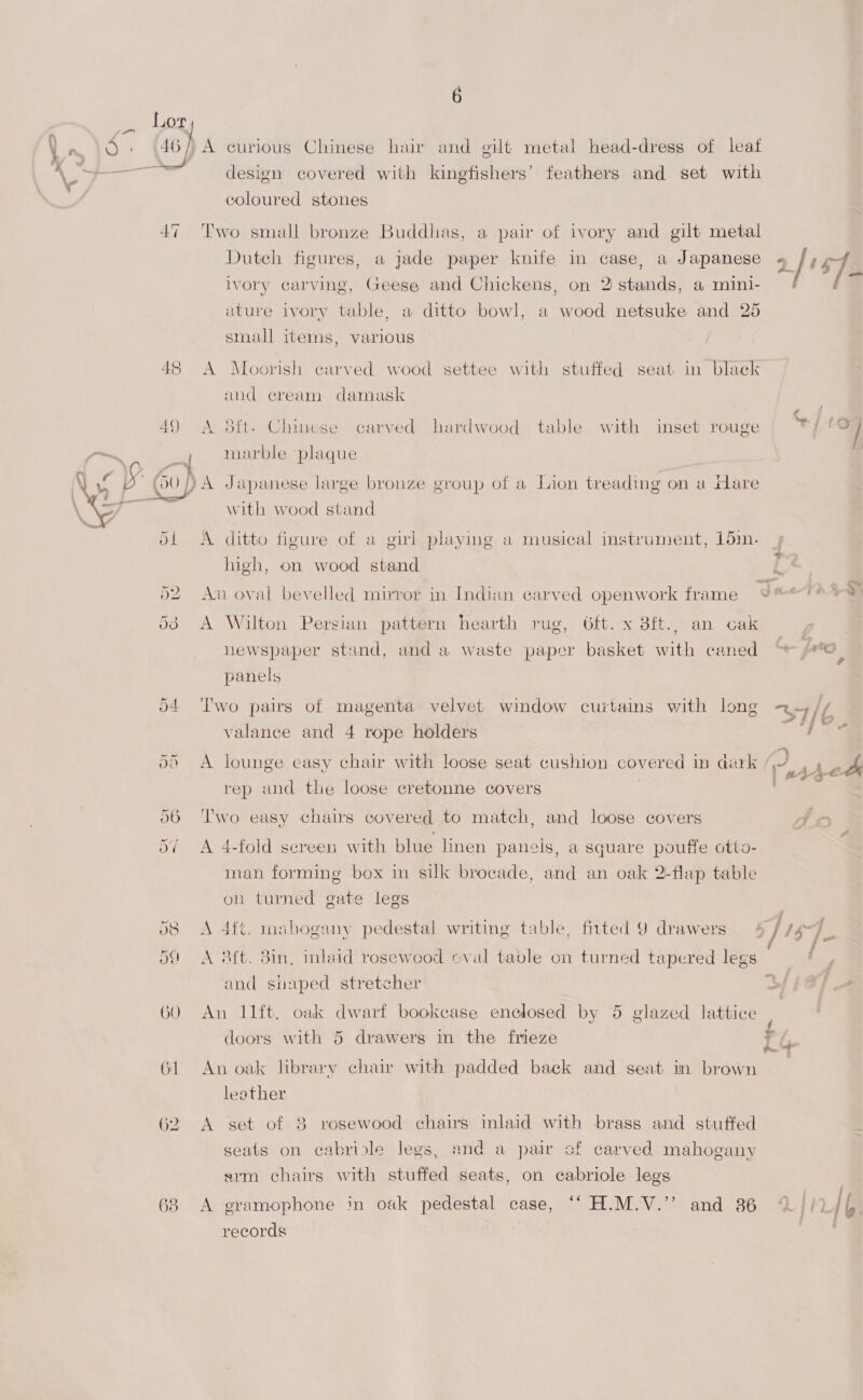  65 6 A curious Chinese hair and gilt metal head-dress of leaf design covered with kingfishers’ feathers and set with coloured stones Two small bronze Buddhas, a pair of ivory and gilt metal Dutch figures, a jade paper knife in case, a Japanese 2}! ivory carving, Geese and Chickens, on 2 stands, a mini- ature ivory table, a ditto bowl, a wood netsuke and 26 small items, various A Moorish carved wood settee with stuffed seat in black and eream damask A 8ft. Chinese carved hardwood table with inset rouge ey “4 marble plaque YA Japanese large bronze group of a Lion treading on a rare with wood stand A ditto figure of a girl playing a musical instrument, 15in. ; high, on wood stand [ An oval bevelled mirror in Indian carved openwork frame Pee tTAL Hy A Wilton Persian pattern hearth rug, 6ft. x 8ft., an cak newspaper stand, and a waste paper basket with caned “% pro panels Pwo pairs of magenta velvet window curtains with long =», /¢ valance and 4 rope holders , A lounge easy chair with loose seat cushion covered in dark este &amp; rep and the loose cretonne covers . Two easy chairs covered to match, and loose covers oA A 4-fold sereen with blue linen pansis, a square pouftfe otto- man forming box m silk brocade, and an oak 2-flap table oh turned gate legs : A 4{t. mahogany pedestal writing table, fitted 9 drawers 4 }i oh A aft. 8in, inlaid rosewood ¢cval tavle on turned tapered legs : and suaped stretcher An 11ft. oak dwarf bookcase enclosed by 5 glazed lattice : doors with 5 drawers in the frieze 14 An oak library chair with padded back and seat in brown leather A set of 8 vosewood chairs inlaid with brass and stuffed seats on cabrinle legs, and a pair of carved mahogany arm chairs with stuffed seats, on cabriole legs A gramophone in oak pedestal case, ‘“‘ H.M.V.”’ and 36 //1 records