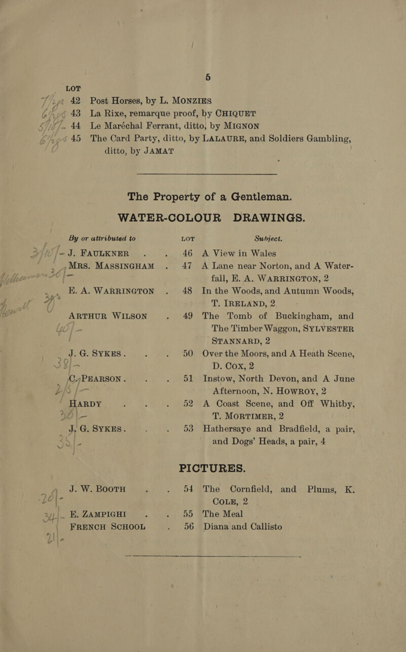 ditto, by JAMAT ) FRENCH SCHOOL me 56 Subject, A View in Wales A Lane near Norton, and A Water- fall, EK. A. WARRINGTON, 2 ,,. H.A. WARRINGTON . 48 In the Woods, and Autumn Woods, 4) T. IRELAND, 2 “ARTHUR WILSON . 49 The Tomb of Buckingham, and The Timber Waggon, SYLVESTER STANNARD, 2 _ J. G. SYKES. : . 900 Over the Moors, and A Heath Scene, I BI D. Cox, 2 \C.,PEARSON . : . dl Instow, North Devon, and A June LA /— Afternoon, N. Howroy, 2 ' HARDY ; : . o2 A Coast Scene, and Off Whitby, 40 \- T. MORTIMER, 2 J. G. SYKES. . 03 Hathersaye and Bradfield, a pair, ‘Ge and Dogs’ Heads, a pair, 4 PICTURES. : J. W. BOOTH ‘ . o4 The Cornfield, and Plums, K. LO|- CoLE, 2 2 |- BE. ZAMPIGHI . . 55 The Meal Diana and Callisto 