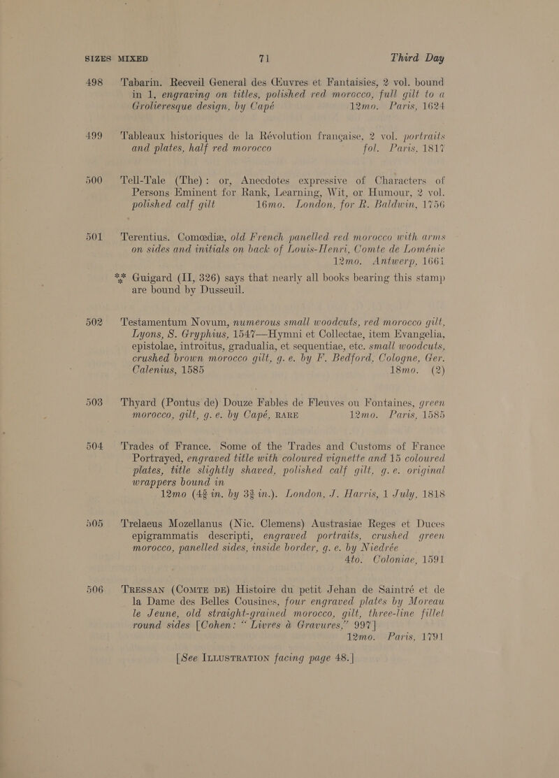 498 499 500 501 d05 Tabarin. Reeveil General des Ciuvres et Fantaisies, 2 vol. bound in 1, engraving on titles, polished red morocco, full gilt to a Grolieresque design, by Capé 12mo. Paris, 1624 Tableaux historiques de la Révolution francaise, 2 vol. portraits and plates, half red morocco fol.. Paris, 1317 Tell-Tale (The): or, Anecdotes expressive of Characters of Persons Eminent for Rank, Learning, Wit, or Humour, 2 vol. polished calf gilt 16mo. London, for kh. Baldwin, 1756 Terentius. Comeedie, old French panelled red morocco with arms on sides and initials on back of Louis-Henri, Comte de Loménie 12mo. Antwerp, 1661 ** Guigard (II, 326) says that nearly all books bearing this stamp are bound by Dusseuil. Testamentum Novum, numerous small woodcuts, red morocco gilt, Lyons, 8. Gryphius, 154%7—Hymni et Collectae, item Evangelia, epistolae, introitus, gradualia, et sequentiae, etc. small woodcuts, crushed brown morocco gilt, g.e. by I’. Bedford, Cologne, Ger. Calenwus, 1585 18mo. (2) Thyard (Pontus de) Douze Fables de Fleuves ou Fontaines, green morocco, gilt, g.e. by Capé, RARE 12@. SP arts, 1a85 Trades of France. Some of the Trades and Customs of France Portrayed, engraved title with coloured vignette and 15 coloured plates, title slightly shaved, polished calf gilt, g.e. original wrappers bound in 12mo (48 in. by 33 m.). London, J. Harris, 1 July, 1818 Trelaeus Mozellanus (Nic. Clemens) Austrasiae Reges et Duces epigrammatis descripti, engraved portraits, crushed green morocco, panelled sides, inside border, g. e. by Niedrée Ato. Coloniae, 1591 TRESSAN (COMTE DE) Histoire du petit Jehan de Saintré et de la Dame des Belles Cousines, four engraved plates by Moreau le Jeune, old straight-grained morocco, gilt, three-line fillet round sides [Cohen: “ Livres a Gravures,’ 997 | 12mo. °Paris, 1791 [See InLuSTRATION facing page 48. |