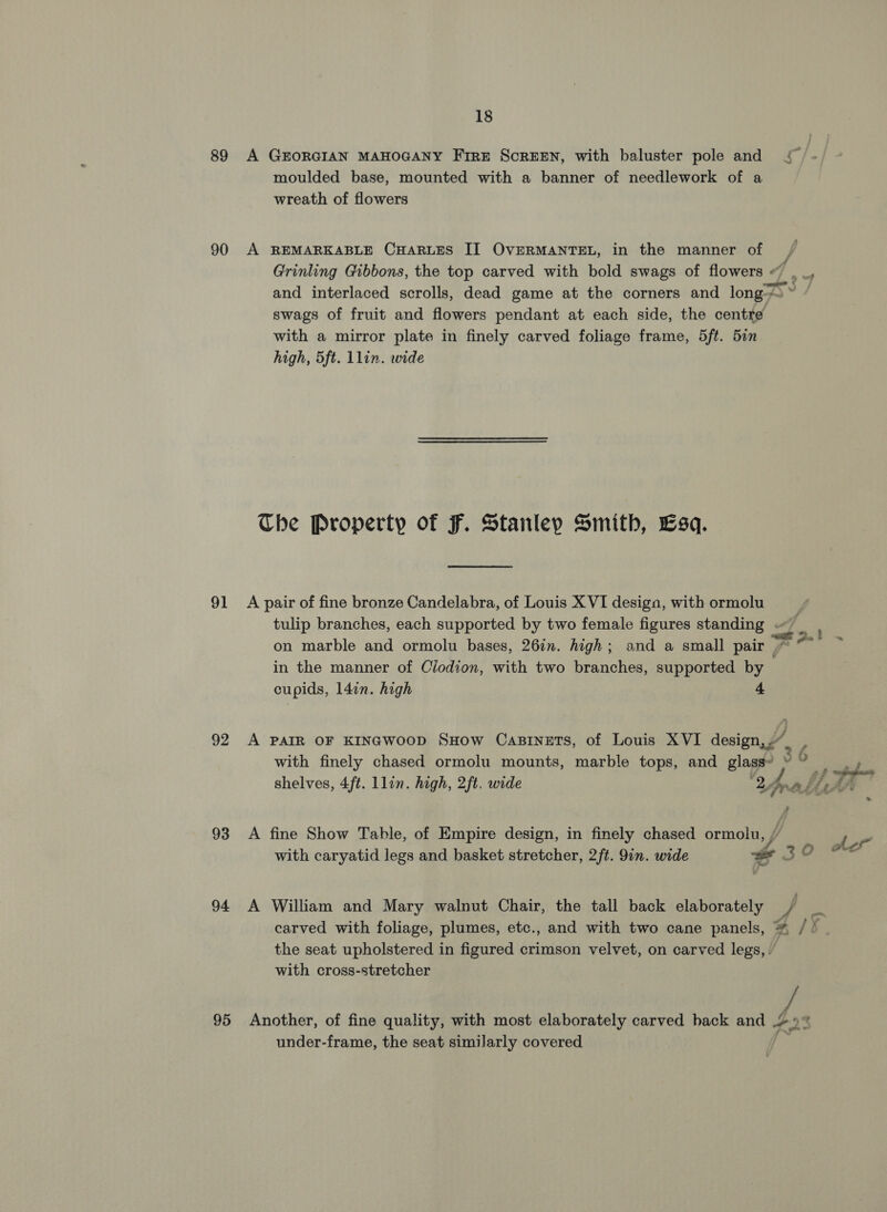 89 A GEORGIAN MAHOGANY Frre ScrEEN, with baluster pole and £ moulded base, mounted with a banner of needlework of a wreath of flowers 90 A REMARKABLE CHARLES IIT OVERMANTEL, in the manner of _ , Grinling Gibbons, the top carved with bold swags of flowers &lt; . and interlaced scrolls, dead game at the corners and long » swags of fruit and flowers pendant at each side, the centre with a mirror plate in finely carved foliage frame, 5ft. 5an high, 5ft. 1lin. wide Che Property of Ff. Stanley Smith, Lsq. 91 A pair of fine bronze Candelabra, of Louis XVI desiga, with ormolu tulip branches, each supported by two female figures standing &lt;7 on marble and ormolu bases, 26in. high; and a small pair 2 sahiaty in the manner of Clodion, with two branches, supported by cupids, l4in. high 4 92 A PAIR OF KINGWoop SHow CasrneTs, of Louis XVI design,” 36 é with finely chased ormolu mounts, marble tops, and glage- ¥ - shelves, 4ft. llin. high, 2ft. wide oy a re 93 A fine Show Table, of Empire design, in finely chased ormotn, Jf Ae with caryatid legs and basket stretcher, 2ft. 9in. wide 30 ° 94 A William and Mary walnut Chair, the tall back elaborately a carved with foliage, plumes, etc., and with two cane panels, * /. zs the seat upholstered in figured crimson velvet, on carved legs, . with cross-stretcher 95 Another, of fine quality, with most elaborately carved back and 4 #2 under-frame, the seat similarly covered