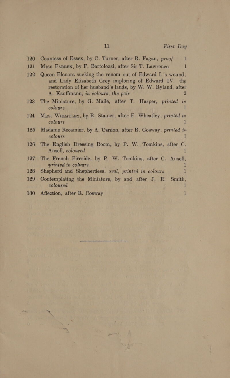 120 121 122 123 124 125 126 127 128 129 11 First Day Countess of Essex, by C. Turner, after R. Fagan, proof 1 Miss Farren, by F. Bartolozzi, after Sir T. Lawrence 1 Queen Elenora sucking the venom out of Edward I.’s wound; and Lady Elizabeth Grey imploring of Edward IV. the restoration of her husband’s lands, by W. W. Ryland, after A. Kauffmann, in colours, the pair 2 The Miniature, by G. Maile, after T. Harper, printed in colours } 1 Mrs. WHEATLEY, by R. Stainer, after F. Wheatley, printed in colours 1 Madame Recamier, by A. Cardon, after R. Gosway, printed in colours Y The English Dressing Room, by P. W. Tomkins, after C. Ansell, coloured f The French Fireside, by P. W. Tomkins, after C. Ansell, printed in colours | 1 Shepherd and Shepherdess, oval, printed in colours 1 Contemplating the Miniature, by and after J. R. Smith, coloured 1