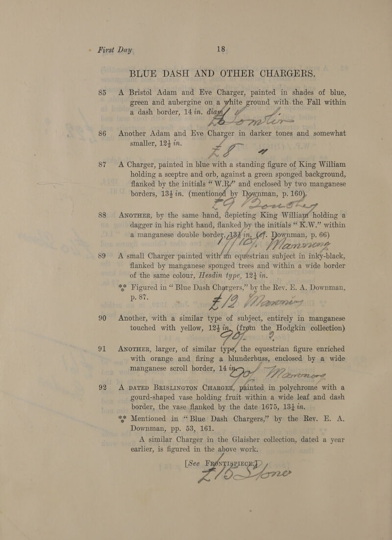 85 86 87 88 90 IL BLUE DASH AND OTHER CHARGERS. A Bristol Adam and Eve Charger, painted in shades of blue, green and aubergine on a white ground with the Fall within a dash border, 14 in. a! 3 LP we A ae Pip LCI Another Adam and Eve Charger in darker tones and somewhat smaller, 124 in. og A Charger, painted in blue with a standing figure of King William holding a sceptre and orb, against a green sponged background, flanked by the initials “ W. Re” and enclosed by two manganese borders, 134 in. (mentioned BY Dre Dp 160), L POA #F Sde2e. 9 rf ANOTHER, by the same hand, Aspsatthg King Willian’ ‘holding a dagger in his right hand, flanked by the initials “ K.W.” within a manganese double border, ABR: um. vie ownman, p. 66) ff 1 bho Vmvicore A small Charger painted with! sh an art dial subject in inky-black, flanked by manganese sponged trees and within a wide border of the same colour, Hesdin type, 124 1. ** Figured in “‘ Blue Dash Chargers,” Py ne Rev. H. A. Downman, p. Ors £/2 b f, aad Oe ptt Another, with a similar type of subject, entirely in manganese touched with yellow, 123 im tit a Hodgkin collection) ANOTHER, larger, of similar typ the equestrian figure enriched with orange and firing a blunderbuss, enclosed by a wide manganese scroll border, 142 ra. GH? O7 Vie LETO OSA C09 A DATED BRISLINGTON CHARGER, painted in polychrome with a gourd-shaped vase holding fruit within a wide leaf and dash border, the vase flanked by the date 1675, 134 in. ** Mentioned in “‘ Blue Dash Chargers,’ by the Rev. H. A. Downman, pp. 53, 161. A similar Charger in the Glaisher collection, dated a year earlier, is figured in the above work. [See lle: pity: goer