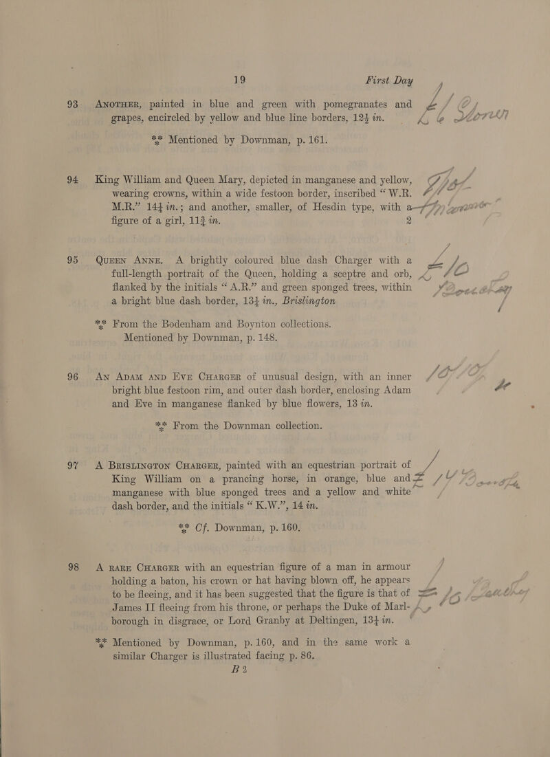 93 ANOTHER, painted in blue and green with pomegranates and | Z grapes, encircled by yellow and blue line borders, 124 in. *%* Mentioned by Downman, p. 161. 94 King William and Queen Mary, depicted in manganese and yellow, Fj / wearing crowns, within a wide festoon border, inscribed ““W.R. # M.R.” 144%.; and another, smaller, of Hesdin type, with ao, figure of a girl, 113 in. | 2 95 QuEEN ANNE. A brightly coloured blue dash Charger with a full-length portrait of the Queen, holding a sceptre and orb, ~, 4 &amp;* flanked by the initials “ A.R.” and green sponged trees, within he a bright blue dash border, 134 1., Brislington ; ¢ ** From the Bodenham and Boynton collections. Mentioned by Downman, p. 148. 96 Aw ApdAmM AND Ever CHARGER of unusual design, with an inner ‘oT bright blue festoon rim, and outer dash border, enclosing Adam and Eve in manganese flanked by blue flowers, 13 in. ** From the Downman collection. 97 A BrIsLINGTON CHARGER, painted with an equestrian portrait of 4 Wf King William on a prancing horse, in orange, blue and /¢§ manganese with blue sponged trees and a yellow and white dash border, and the initials “ K.W.”, 14 in. ** Cf, Downman, p. 160, 98 A RARE CHARGER with an equestrian figure of a man in armour holding a baton, his crown or hat having blown off, he appears to be fleeing, and it has been suggested that the figure is that of Ste . James II fleeing from his throne, or perhaps the Duke of Marl- ~.» ° borough in disgrace, or Lord Granby at Deltingen, 134i. ~ ** Mentioned by Downman, p.160, and in the same work a similar Charger is illustrated facing p. 86. B2