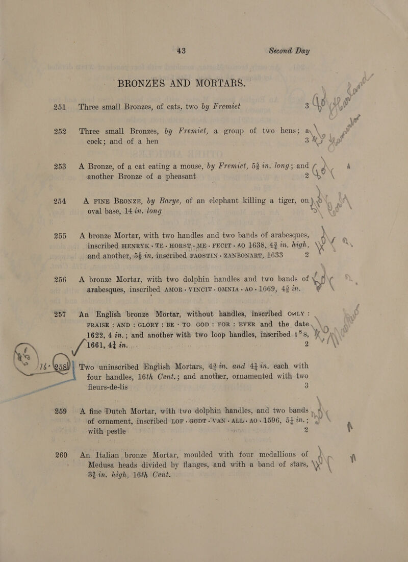 251 252 253 254 255 256 257 no vst eo , mo 259 260 43 Second: Day -BRONZES AND MORTARS. : \ Three small Bronzes, by Fremiet, a group of two hens; ay ' A Bronze, of a cat eating a mouse, by Fremiet, 5g in. long; and / another Bronze of a pheasant 9 oval base, 14.1n. long cand another, 58 in. inscribed FAOSTIN - ZANBONART, 1633 2 arabesques, inscribed AMOR- VINCIT - OMNIA- AO- 1669, 43 m. An English bronze Mortar, without handles, inscribed oulLy : PRAISE ; AND : GLORY : BE+ TO GOD: FOR: EVER and the date, \ 1622, 4 in.; and another with two loop handles, inscribed Eos, ¥ 1661, 44 in... | | | 2 Two uninscribed English Mortars, 4} in. and 447m. each with four handles, 16th Cent.; and another, ornamented with two -fleurs-de-lis 3 of ornament, inscribed LOF- GODT ‘VAN - ALL AO- 1596, 5h in.; | with pestle. ~~ 2 3g in. high, 16th Cent. Lf = f \\