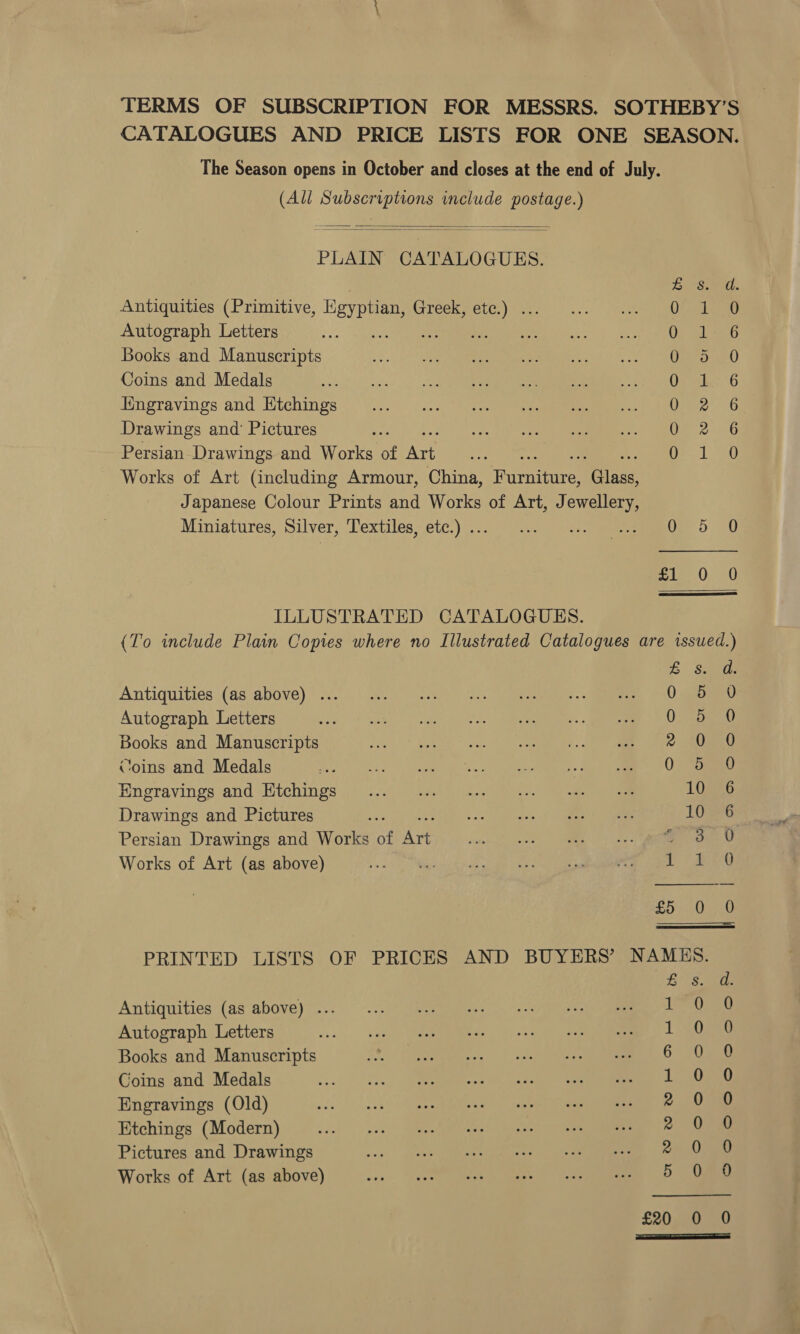 TERMS OF SUBSCRIPTION FOR MESSRS. SOTHEBY’S CATALOGUES AND PRICE LISTS FOR ONE SEASON. The Season opens in October and closes at the end of July. (All me ee uclude postage.)  PLAIN CATALO GUES.  Bs. d. Antiquities (Primitive, Egyptian, Greek, ete.) ... OF sa ara Autograph Letters PME oo r= Us elvan Books and Manuscripts aa) Coins and Medals Qarale: <6 Jingravings and Etchings 0 2 6 Drawings and’ Pictures a ae Persian Drawings and Works of Ave OF 1 G8 Works of Art (including Armour, China, ries elas Japanese Colour Prints and Works of Art, J vai Miniatures, Silver, Textiles, etc) \.. ahve es ne Oe 5/720 apie 0; 20 ILLUSTRATED CATALOGUES. (To include Plain Copies where no Illustrated Catalogues are issued.) EB Sana Antiquities (as above) ... 0. soared Autograph Letters One Books and Manuscripts Peele Ab Coins and Medals 0) “ae Engravings and Etchings LOMEG Drawings and Pictures 10 6 Persian Drawings and Works of hee le eee a Works of Art (as above) es er mee ary pee ed Pe Poe We a.  BD 0 0 PRINTED LISTS OF PRICES AND BUYERS’ NAMES. ATS ds Antiquities (as above) ... a Raa A Autograph Letters 1: .O75G Books and Manuscripts 6 Uae Coins and Medals 1-20 ee0 Engravings (Old) 2 0 Etchings (Modern) 2 Ge Pictures and Drawings Rao OR Works of Art (as above) 5 Oo £20 0 0
