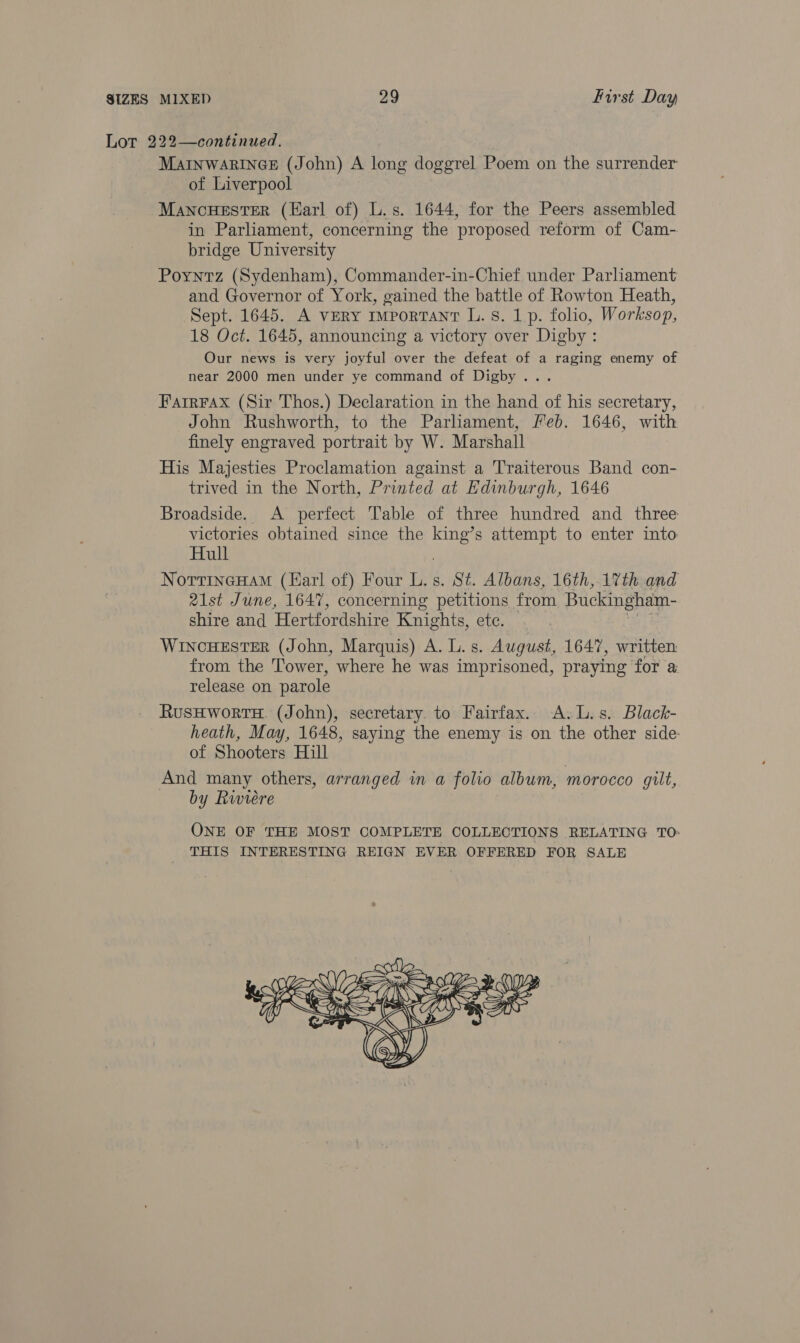 Lot 222—continued, MAINWARINGE (John) A long doggrel Poem on the surrender of Liverpool MancuHeEstTeErR (Earl of) L.s. 1644, for the Peers assembled in Parliament, concerning the proposed reform of Cam- bridge University Poyntz (Sydenham), Commander-in-Chief under Parliament and Governor of York, gained the battle of Rowton Heath, Sept. 1645. A very rmportTant L. 8. 1p. folio, Worksop, 18 Oct. 1645, announcing a victory over Digby: Our news is very joyful over the defeat of a raging enemy of near 2000 men under ye command of Digby... FatrFAX (Sir Thos.) Declaration in the hand of his secretary, John Rushworth, to the Parliament, Feb. 1646, with finely engraved portrait by W. Marshall His Majesties Proclamation against a Traiterous Band con- trived in the North, Printed at Edinburgh, 1646 Broadside. A perfect Table of three hundred and three victories obtained since the king’s attempt to enter into Hull NorrinGHam (Earl of) Four L. s. St. Albans, 16th, 17th and 21st June, 1647, concerning petitions from Buckingham- shire and Hertfordshire Knights, ete. * WINCHESTER (John, Marquis) A. L.s. August, 1647, written from the Tower, where he was imprisoned, praying for a release on parole RusHwortH. (John), secretary. to Fairfax. A.L.s. Black- heath, May, 1648, saying the enemy is on the other side: of Shooters Hill | And many others, arranged in a folio album, morocco gilt, by Riviere ONE OF THE MOST COMPLETE COLLECTIONS RELATING TO: THIS INTERESTING REIGN EVER OFFERED FOR SALE 