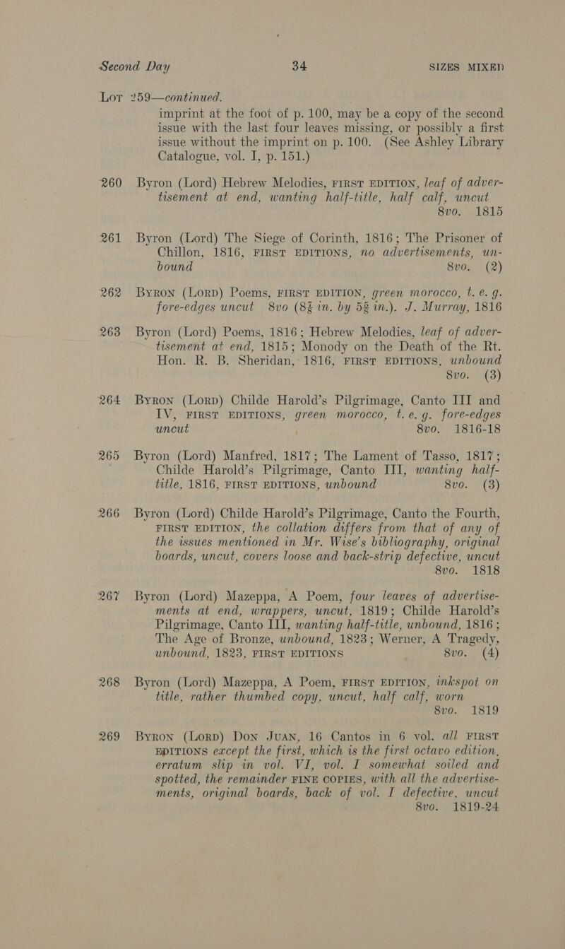 260 261 262 263 264 265 266 268 269 imprint at the foot of p. 100, may be a copy of the second issue with the last four leaves missing, or possibly a first issue without the imprint on p. 100. (See Ashley Library Catalogue, vol. I, p. 151.) Byron (Lord) Hebrew Melodies, rrrst EDITION, leaf of adver- tisement at end, wanting half-title, half calf, uncut 8vo. 1815 Byron (Lord) The Siege of Corinth, 1816; The Prisoner of Chillon, 1816, FIRST EDITIONS, no advertisements, un- bound 8vo. (2) Byron (Lorp) Poems, FIRST EDITION, green morocco, ft. @. g. fore-edges uncut 8vo (8§ in. by 52 %n.). J. Murray, 1816 Byron (Lord) Poems, 1816; Hebrew Melodies, leaf of adver- tisement at end, 1815; Monody on the Death of the Rt. Hon. R. B. Sheridan, 1816, FIRST EDITIONS, unbound 8vo. (3) Byron (Lorp) Childe Harold’s Pilgrimage, Canto III and — IV, FIRST EDITIONS, green morocco, t.e.g. fore-edges uncut | 8v0o. 1816-18 Byron (Lord) Manfred, 1817; The Lament of Tasso, 1817; Childe Harold’s Pilgrimage, Canto III, wanting half- title, 1816, FIRST EDITIONS, unbound BU0.. (3) Byron (Lord) Childe Harold’s Pilgrimage, Canto the Fourth, FIRST EDITION, the collation differs from that of any of the wsues mentioned in Mr. Wise’s bibliography, original boards, uncut, covers loose and back-strip defective, uncut 8vo. 1818 Byron (Lord) Mazeppa, A Poem, four leaves of advertise- ments at end, wrappers, uncut, 1819; Childe Harold’s Pilgrimage, Canto III, wanting half-title, unbound, 1816 ; The Age of Bronze, unbound, 1823; Werner, A Tragedy, unbound, 1823, FIRST EDITIONS 8vo. (4) Byron (Lord) Mazeppa, A Poem, FIRST EDITION, inkspot on title, rather thumbed copy, uncut, half calf, worn 8vo. 1819 Byron (Lorp) Don Juan, 16 Cantos in 6 vol. a// FIRST EDITIONS except the first, which is the first octavo edition, erratum slip im vol. VI, vol. I somewhat soiled and spotted, the remainder FINE COPIES, with all the advertise- ments, original boards, back of vol. I defective, uncut 8vo. 1819-24