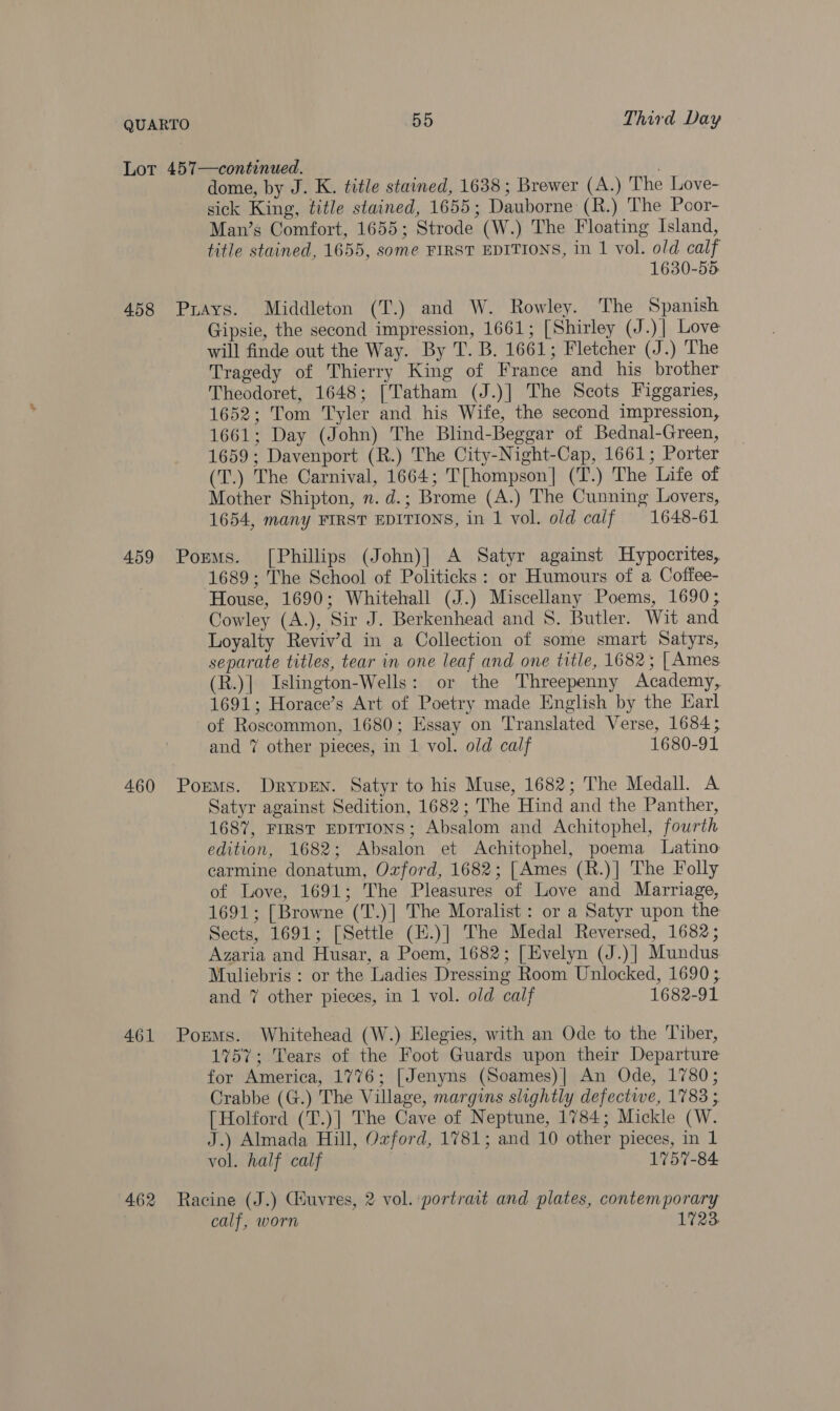 Lot 457—continued. . dome, by J. K. title stained, 1638 ; Brewer (A.) ‘The Love- sick King, title stained, 1655; Dauborne (R.) The Poor- Man’s Comfort, 1655; Strode (W.) The Floating Island, title stained, 1655, some FIRST EDITIONS, in 1 vol. old calf 1630-55 458 Puays. Middleton (T.) and W. Rowley. The Spanish Gipsie, the second impression, 1661; [Shirley (J.)]| Love will finde out the Way. By T. B. 1661; Fletcher (J.) The Tragedy of Thierry King of France and his brother Theodoret, 1648; [Tatham (J.)] The Scots Figgaries, 1652; Tom Tyler and his Wife, the second impression, 1661; Day (John) The Blind-Beggar of Bednal-Green, 1659; Davenport (R.) The City-Night-Cap, 1661; Porter (T.) The Carnival, 1664; T[hompson] (T.) The Life of Mother Shipton, n. d.; Brome (A.) The Cunning Lovers, 1654, many FIRST EDITIONS, in 1 vol. old calf 1648-61 459 Poems. [Phillips (John)| A Satyr against Hypocrites, 1689; The School of Politicks: or Humours of a Coffee- House, 1690; Whitehall (J.) Miscellany Poems, 1690; Cowley (A.), Sir J. Berkenhead and 8. Butler. Wit and Loyalty Reviv’d in a Collection of some smart Satyrs, separate titles, tear in one leaf and one title, 1682; | Ames (R.)] Islington-Wells: or the Threepenny Academy, 1691; Horace’s Art of Poetry made English by the Earl of Roscommon, 1680; Essay on Translated Verse, 1684; and 7 other pieces, in 1 vol. old calf 1680-91 460 Porms. Drypen. Satyr to his Muse, 1682; The Medall. A Satyr against Sedition, 1682; The Hind and the Panther, 1687, FIRST EDITIONS; Absalom and Achitophel, fourth edition, 1682; Absalon et Achitophel, poema Latino carmine donatum, Oxford, 1682; [Ames (R.)] The Folly of Love, 1691; The Pleasures of Love and Marriage, 1691; [Browne (T.)] The Moralist : or a Satyr upon the Sects, 1691; [Settle (H.)] The Medal Reversed, 1682; Azaria and Husar, a Poem, 1682; [Evelyn (J.)]| Mundus Muliebris : or the Ladies Dressing Room Unlocked, 1690; and 7 other pieces, in 1 vol. old calf 1682-91 461 Porms. Whitehead (W.) Elegies, with an Ode to the Tiber, 1757; Tears of the Foot Guards upon their Departure for America, 1776; [Jenyns (Soames)| An Ode, 1780; Crabbe (G.) The Village, margins slightly defectwe, 1783 [Holford (T.)] The Cave of Neptune, 1784; Mickle (W. J.) Almada Hill, Oxford, 1781; and 10 other pieces, in 1 vol. half calf 1757-84 462 Racine (J.) Ciuvres, 2 vol. portrait and plates, contemporary calf, worn 1723