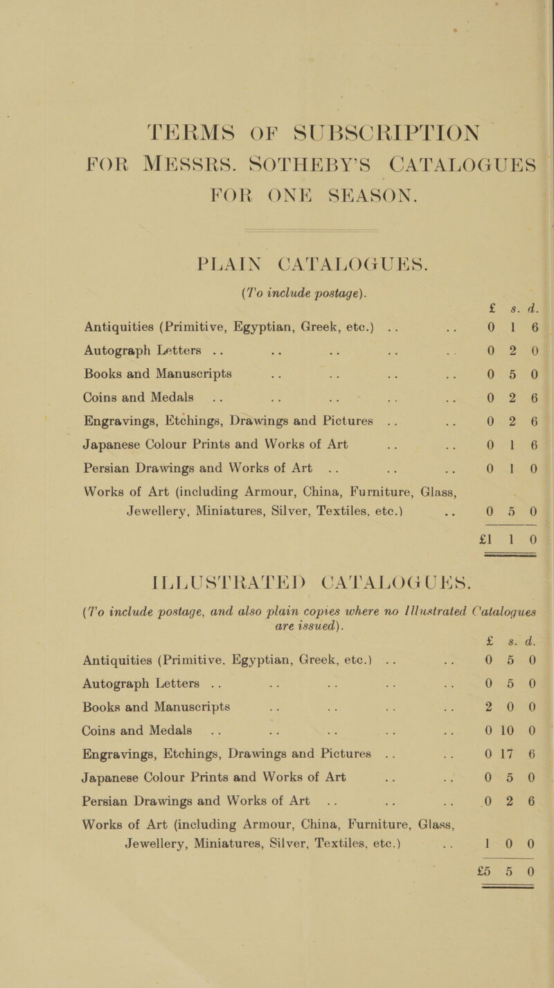 TERMS OF SUBSCRIPTION FOR MESSRS. SOTHEBY’S CATALOGUES © FOR ONE SEASON. PLAIN CATALOGUES. (T'o include postage). ssa Antiquities (Primitive, Egyptian, Greek, etc.) OF}. ee Autograph Letters 0 2 0 Books and Manuscripts 0 “5:79 Coins and Medals O.. 236 Engravings, Etchings, Drawings and Pictures O22 6 Japanese Colour Prints and Works of Art ae ee Persian Drawings and Works of Art 0 18 Works of Art (including Armour, China, Furniture, Glass, Jewellery, Miniatures, Silver, Textiles, etc.) 5 OSG | or 4am ILLUSTRATED CATALOGUES. (T'o include postage, and also plain copies where no Illustrated Catalogues are issued). E eenk Antiquities (Primitive. Egyptian, Greek, etc.) 0 5 0 Autograph Letters Ob: 8 Books and Manuscripts 2 OUSs0 Coins and Medals 0 10-08 Engravings, Etchings, Drawings and Pictures ae es Japanese Colour Prints and Works of Art Oe Persian Drawings and Works of Art 0 22a Works of Art (including Armour, China, Furniture, Glass, Jewellery, Miniatures, Silver, Textiles, etc.) tr pr