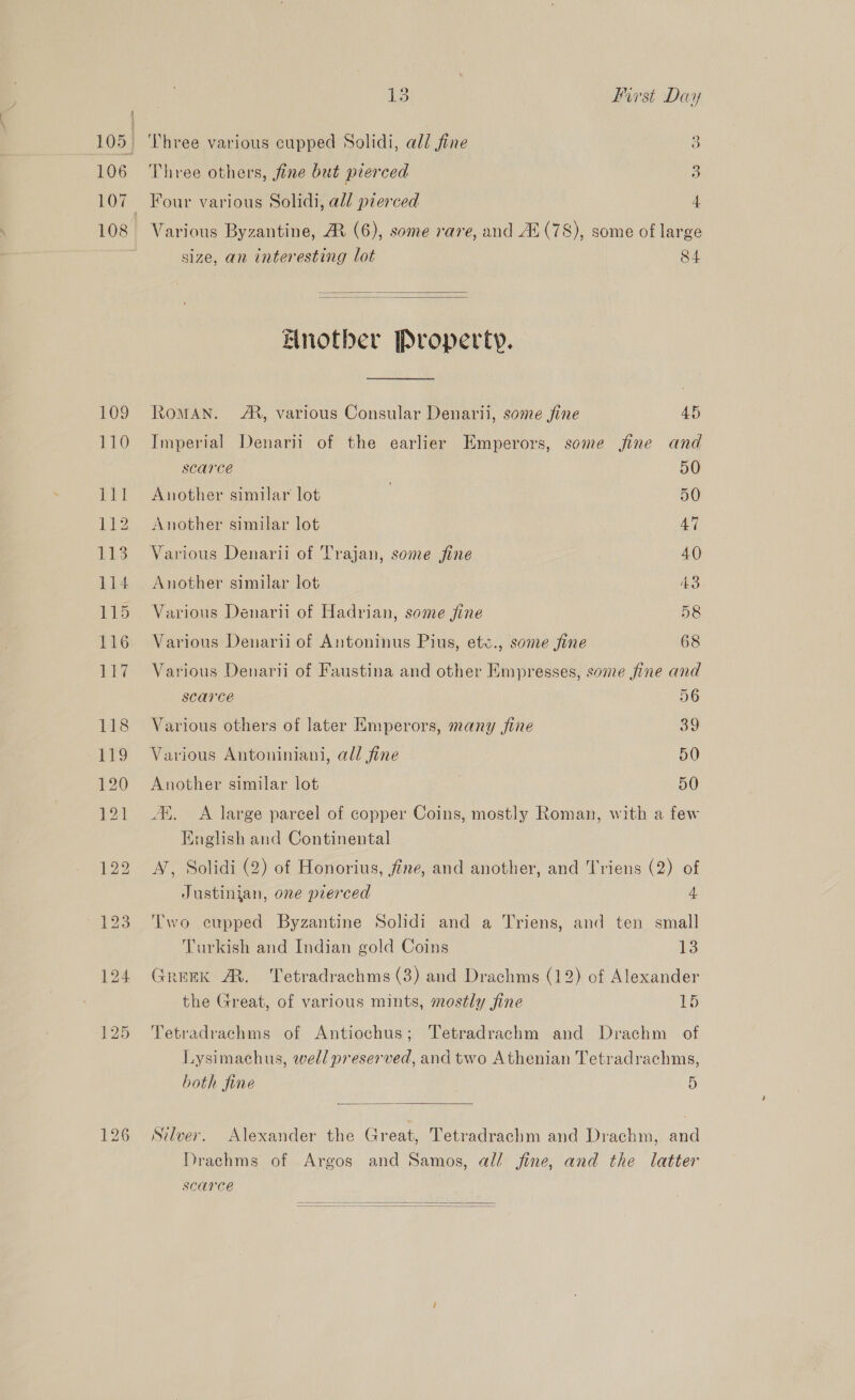 13 List Day ‘Three various cupped Solidi, ald fine 3 Four various Solidi, add pierced 4 Various Byzantine, AX (6), some rare, and Al(78), some of large size, an interesting lot 84   Brother Property. Roman. AR, various Consular Denarii, some fine 45 Imperial Denarii of the earlier Emperors, some jine and scarce 50 Another similar lot 50 Another similar lot 47 Various Denarii of Trajan, some fine 40 Another similar lot 43 Various Denarii of Hadrian, some fine 58 Various Denaril of Antoninus Pius, eté., some fine 68 Various Denarii of Faustina and other Empresses, some jine and scarce 56 Various others of later Emperors, many jine oo Various Antoniniani, ad/ fine 50 Another similar lot 50 A. A large parcel of copper Coins, mostly Roman, with a few English and Continental A’, Solidi (2) of Honorius, fine, and another, and Triens (2) of Justinian, one prerced 4 Two cupped Byzantine Solidi and a Triens, and ten small Turkish and Indian gold Coins 13 Greek AM. Tetradrachms (3) and Drachms (12) of Alexander the Great, of various mints, mostly fine 15 Tetradrachms of Antiochus; Tetradrachm and Drachm of Lysimachus, well preserved, andtwo Athenian Tetradrachms, both fine , )  Silver. Alexander the Great, Tetradrachm and Drachm, and Drachms of Argos and Samos, all fine, and the latter scarce  