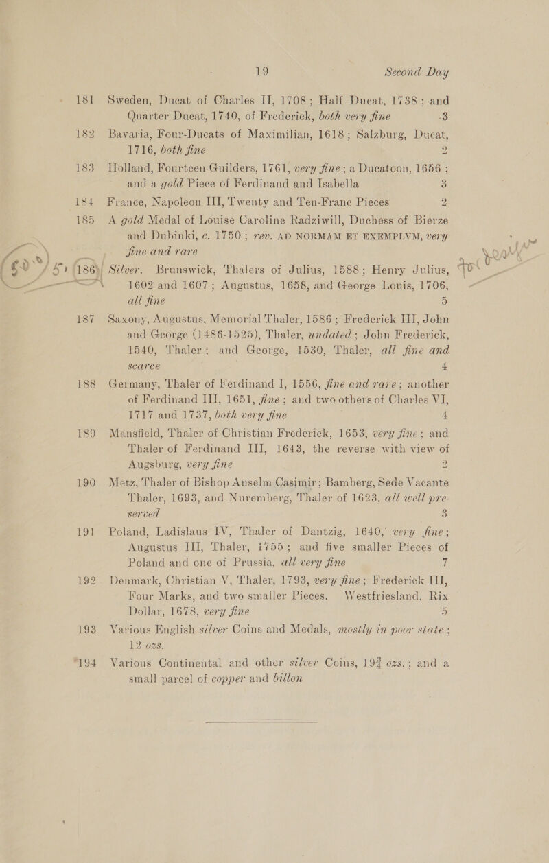 &amp; 188 Wess) 190 191 “194 19 | Second Day Sweden, Ducat of Charles II, 1708; Half Ducat, 1738 ; and (uarter Ducat, 1740, of Frederick, both very fine 3 Bavaria, Four-Ducats of Maximilian, 1618; Salzburg, Ducat, 1716, both fine 2 Holland, Fourteen-Guilders, 1761, very fine; a Ducatoon, 1656 ; and a gold Piece of Ferdinand and Isabella 3 France, Napoleon III, Twenty and Ten-Frane Pieces 2 A gold Medal of Louise Caroline Radziwill, Duchess of Bierze and Dubinki, ¢. 1750 ; rev. AD NORMAM ET EXEMPLVM, very jine and rare Silver. Brunswick, Thalers of Julius, 1588; Henry Julius, ‘ 1602 and 1607; Augustus, 1658, and George Louis, 1706, all fine | D Saxony, Augustus, Memorial Thaler, 1586; Frederick III, John and George (1486-1525), Thaler, wndated ; John Frederick, 1540, Thaler; and George, 1530, Thaler, all fine and scarce 7 4 sermany, Thaler of Ferdinand I, 1556, fine and rare; another of Ferdinand III, 1651, fine; and two others of Charles VI, 1717 and 1737, both very fine 4 Mansfield, Thaler of Christian Frederick, 1653, very jine; and Thaler of Ferdinand III, 1643, the reverse with view of Augsburg, very fine : Metz, Thaler of Bishop Anselm Casimir; Bamberg, Sede Vacante Thaler, 1693, and Nuremberg, Thaler of 1623, all well pre- served : 3 Poland, Ladislaus 1V, Thaler of Dantzig, 1640, very fine; Augustus Ill, Thaler, 1755; and five smaller Pieces of Poland and one of Prussia, all very fine 7 Denmark, Christian V, Thaler, 1793, very fine; Frederick III, Four Marks, and two smaller Pieces. Dollar, 1678, very fine 5 Various Tinglish silver Coins and Medals, mostly in poor state ; 12 ozs. Various Continental and other silver Coins, 192 ozs.; and a small parcel of copper and ballon