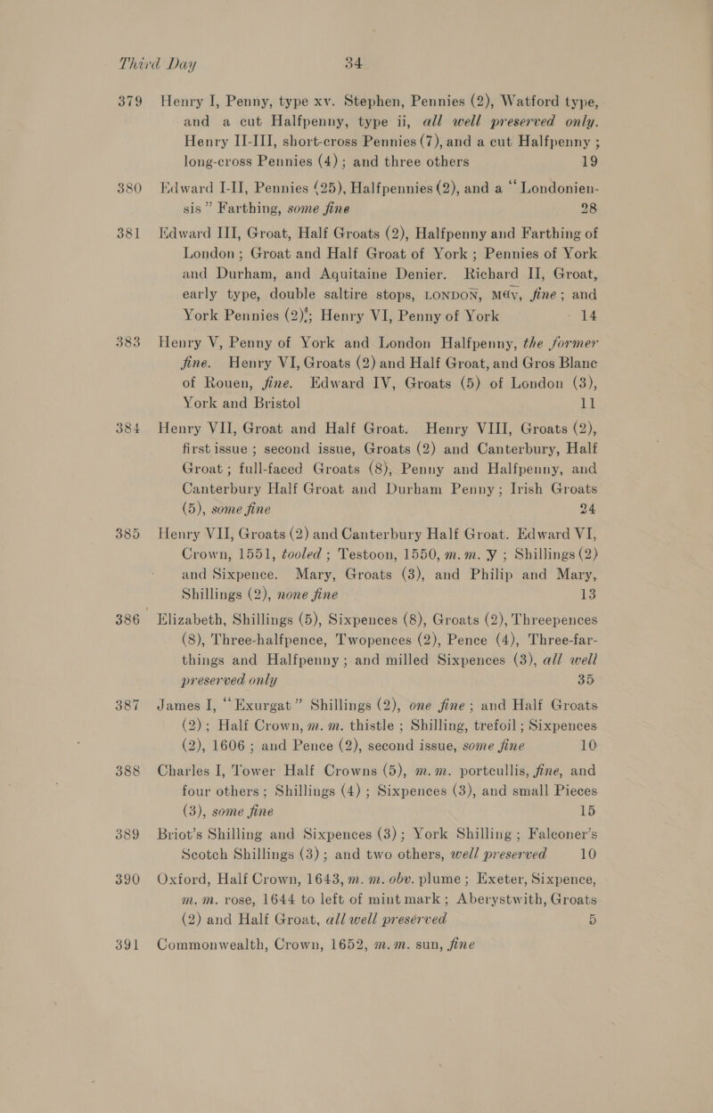 379 383 384 388 389 390 391 Henry I, Penny, type xv. Stephen, Pennies (2), Watford type, and a cut Halfpenny, type ii, all well preserved only. Henry II-III, short-cross Pennies (7), and a cut Halfpenny ; long-cross Pennies (4); and three others 19 Edward LII, Pennies (25), Halfpennies (2), and a ‘‘ Londonien- sis’ Farthing, some jine he Oe Edward III, Groat, Half Groats (2), Halfpenny and Farthing of London ; Groat and Half Groat of York ; Pennies of York and Durham, and Aquitaine Denier. Richard II, Groat, early type, double saltire stops, LONDON, M@v, fine; and York Pennies (2)?; Henry VI, Penny of York - 14 Henry V, Penny of York and London Halfpenny, the former jine. Henry VI, Groats (2) and Half Groat, and Gros Blanc of Rouen, fine. Edward IV, Groats (5) of London (3), York and Bristol 11 Henry VII, Groat and Half Groat. Henry VIII, Groats (2), first issue ; second issue, Groats (2) and Canterbury, Half Groat ; full-faced Groats (8), Penny and Halfpenny, and Canterbury Half Groat and Durham Penny; Irish Groats (5), some fine 24 Henry VII, Groats (2) and Canterbury Half Groat. Edward VI, Crown, 1551, tooled ; Testoon, 1550, m.m. y ; Shillings (2) and Sixpence. Mary, Groats (3), and Philip and Mary, Shillings (2), none fine 13 Elizabeth, Shillings (5), Sixpences (8), Groats (2), Threepences (8), Three-halfpence, Twopences (2), Pence (4), Three-far- things and Halfpenny; and milled Sixpences (3), all well preserved only 35 James I, ““Exurgat” Shillings (2), one fine; and Half Groats (2); Half Crown, m. m. thistle ; Shilling, trefoil ; Sixpences (2), 1606 ; and Pence (2), second issue, some jine 10 Charles I, Tower Half Crowns (5), m.m. porteullis, fine, and four others; Shillings (4) ; Sixpences (3), and small Pieces (3), some fine 15 Briot’s Shilling and Sixpences (3); York Shilling ; Falconer’s Scotch Shillings (3); and two others, well preserved 10 Oxford, Half Crown, 1643, m. m. obv. plume ; Exeter, Sixpence, m,m. rose, 1644 to left of mint mark; Aberystwith, Groats (2) and Half Groat, all well preserved 5 Commonwealth, Crown, 1652, m.m. sun, jine