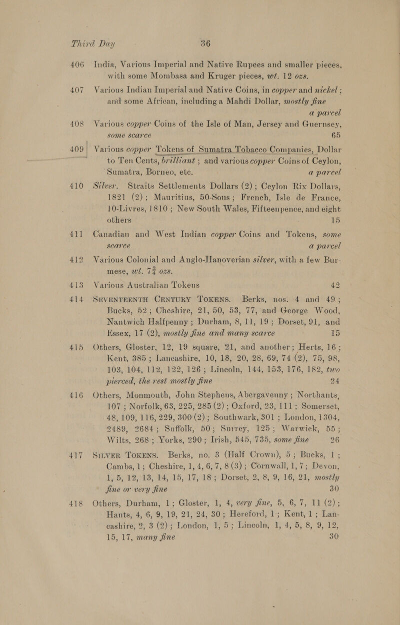 406 415 416 417 418 India, Various Imperial and Native Rupees and smaller pieces, with some Mombasa and Kruger pieces, wt. 12 ozs. Various Indian Imperial and Native Coins, in copper and nickel ; and some African, including a Mahdi Dollar, mostly jine a parcel Various copper Coins of the Isle of Man, Jersey and Guernsey, some scarce 65 Various copper Tokens of Sumatra.Tobacco Companies, Dollar to Ten Cents, brilliant ; and various copper Coins of Ceylon, Sumatra, Borneo, etc. a parcel Silver. Straits Settlements Dollars (2); Ceylon Rix Dollars, 1821 (2); Mauritius, 50-Sous; French, Isle de France, 10-Livres, 1810; New South Wales, Fifteenpence, and eight others . 15 Canadian and West Indian copper Coins and Tokens, some scarce a parcel Various Colonial and Anglo-Hanoverian silver, with a few Bur- mese, wt. 72 ozs. Various Australian Tokens 4? SEVENTEENTH CENTURY TOKENS. Berks, nos. 4 and 49; Bucks, 52; Cheshire, 21, 50, 53, 77, and George Wood, Nantwich Halfpenny ; Durham, 8,11, 19; Dorset, 91, and Essex, 17 (2), mostly fine and many scarce 15 Others, Gloster, 12, 19 square, 21, and another; Herts, 16; Kent, 385; Lancashire, 10, 18, 20, 28, 69, 74 (2), 75, 98, 103, 104,112,122, 126 ; Lincoln, 144, 153, 176, 182, two pierced, the rest mostly fine 24 Others, Monmouth, John Stephens, Abergavenny ; Northants, 107 ; Norfolk, 63, 225, 285 (2) ; Oxford, 23, 111; Somerset, 48, 109, 116, 229, 300 (2); Southwark, 301 ; London, 1304, 2489, 2684:; Suffolk, 50; Surrey, 125; Warwick, 55; Wilts, 268; Yorks, 290; Irish, 545, 735, some jine 26 SirveR Tokens. Berks, no. 8 (Half Crown), 5; Bucks, 1 ; Cambs, 1; Cheshire, 1, 4, 6,7, 8(3); Cornwall, 1,7; Devon, Ly By 88,013, ¥4, 15; 175 18:3 Dorset, 2, 8, 97.16.21, mostly jine or very fine 30 Others, Durham, 1; Gloster, 1, 4, very fine, 5, 6, 7, 11 (2); Hants, 4, 6, 9, 19, 21, 24, 30; Hereford, 1; Kent, 1; Lan- eashire’ | 3 (2) London, 1/5‘; Lineoln; 1)°4;°5, 8, 9, 12,