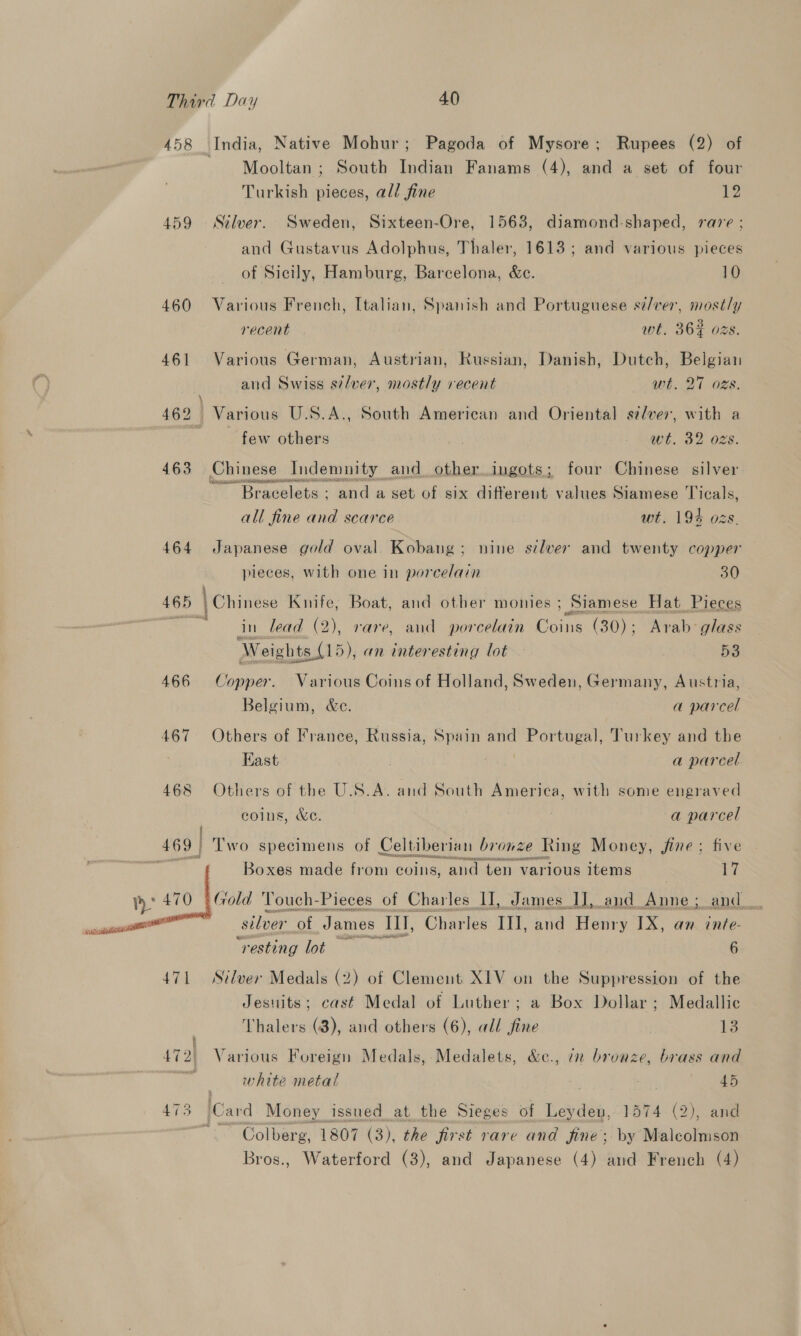 Third Day 40 458 India, Native Mohur; Pagoda of Mysore; Rupees (2) of Mooltan ; South Indian Fanams (4), and a set of four Turkish pieces, all fine 12 459 Silver. Sweden, Sixteen-Ore, 1563, diamond-shaped, rave ; and Gustavus Adolphus, Thaler, 1613; and various pieces of Sicily, Hamburg, Barcelona, &amp;e. 10 460 Various French, Italian, Spanish and Portuguese si/ver, mostly recent wt. 36% ozs. 461 Various German, Austrian, Russian, Danish, Dutch, Belgian and Swiss s7/ver, mostly recent wt. 27 ozs. | 462 Various U.S.A., South American and Oriental s¢/ver, with a few others wt. 32 ozs. 463 Chinese _ Indemnity and. other.ingots; four Chinese silver Bracelets : and a set of six different values Siamese Ticals, all fine and scarce wt. 194 ozs. 464 Japanese gold oval Kobang; nine silver and twenty copper pieces, with one in porcelain 30 / ‘ 465 | Chinese Knife, Boat, and other monies ; Siamese Hat Pieces © in dead (2), rare, and porcelain Coins (30); Arab- glass Weights (15) , an interesting lot — : 53 466 Copper. Various Coins of Holland, Sweden, Germany, Austria, Belgium, &amp;e. a parcel 467 Others of France, Russia, ae and ne SEEDY Turkey and the East . a parcel 468 Others of the U.S.A. and South America, with some engraved coins, We. a parcel 169 | Two specimens of Celtiberian bronze Ring Money, jine ; five es Boxes made from coins, and ten various items ie Gold Touch- -Pieces of Charles AI, James IJ, and yey p70 silver of James TH, Charles ‘hal and Henry IX, an inte- “resting lot — 6 471 Silver Medals (2) of Clement XIV on the Suppression of the Jesuits; cast Medal of Luther; a Box Dollar; Medallic  Thalers (3), and others (6), add fine 13 I ‘ ‘ ‘ ; 472, Various Foreign Medals, Medalets, &amp;c., im bronze, brass and white metal Rie 45 473 Card Money issued at the Sieges of aad, 1574 (2), and Colberg, 1807 (3), the first rare and fine; by Malcolmson