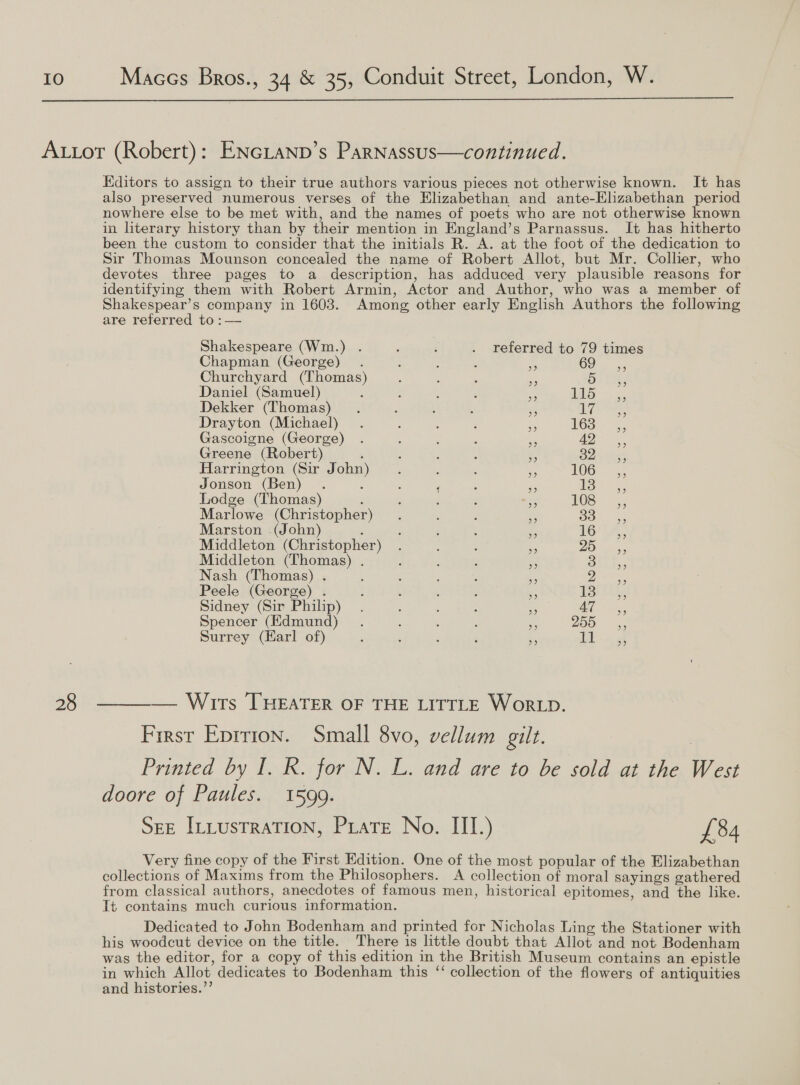  Autot (Robert): ENGLanp’s Parnassus—continued. Editors to assign to their true authors various pieces not otherwise known. It has also preserved numerous verses of the Elizabethan and ante-Elizabethan period nowhere else to be met with, and the names of poets who are not otherwise known in literary history than by their mention in England’s Parnassus. It has hitherto been the custom to consider that the initials R. A. at the foot of the dedication to Sir Thomas Mounson concealed the name of Robert Allot, but Mr. Collier, who devotes three pages to a description, has adduced very plausible reasons for identifying them with Robert Armin, Actor and Author, who was a member of Shakespear’s company in 1603. Among other early English Authors the following are referred to :— Shakespeare (Wm.) . : : . referred to 79 times Chapman (George) : : : Churchyard (Thomas) De 2) 39 9) Daniel (Samuel) 5 AS: _ 5, Dekker (Thomas) x5 ih ot Drayton (Michael) als WS. ray Gascoigne (George) . Mae aa. Greene (Robert) ; a D2 tues Harrington (Sir John : : i ws LOG! 5; Jonson (Ben) . : 5 : : $5 - Lodge (Thomas) : ; ; ; . HOSS, Marlowe (Christopher) . ; _ Bo. 3s Marston (John) : : : 5 a 16°14. Middleton (Christopher) . : : ss 2 rn Middleton (Thomas) . : : B ms Sits Nash (Thomas) . : ; : : : eee Peele (George) . a FSI this Sidney (Sir Philip) Ms At 7 shes Spencer (Edmund) A 20D 4, Surrey (Earl of) on er, 28 ——— Wits [HEATER OF THE LITTLE WorLD. First Eprrion. Small 8vo, vellum gilt. Printed by I. R. for N. L. and are to be sold at the West doore of Paules. 1599. SEE ILLustRaTION, Pirate No. III.) £34 Very fine copy of the First Edition. One of the most popular of the Elizabethan collections of Maxims from the Philosophers. A collection of moral sayings gathered from classical authors, anecdotes of famous men, historical epitomes, and the like. Tt contains much curious information. Dedicated to John Bodenham and printed for Nicholas Ling the Stationer with his woodcut device on the title. There is little doubt that Allot and not Bodenham was the editor, for a copy of this edition in the British Museum contains an epistle in which Allot dedicates to Bodenham this ‘‘ collection of the flowers of antiquities and histories.’’