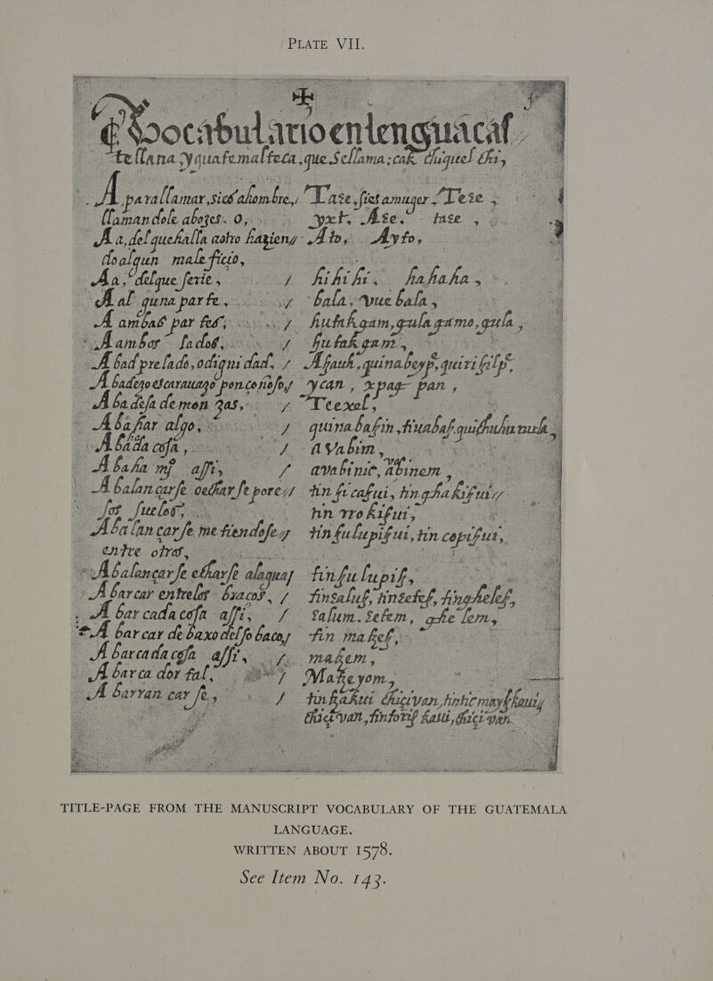 PEATRAY Tc Saeeeemerren nme ereeeewenerenee Be * : oe SE meting nmenetremnien ah ae Ti SSR gins ee % Ceoeabulan atio rica sidcat ; lana Sle daetatae ace gue Sellama sca “haguee! Hat ae | A parallamar, Sich Sees Te fssamuper. ‘Teie 5 Bu { pete aie Ovoren tprb Bee.” use, g | uckalle aoho ations Hi, pete, . ae un mn age ay Aa, delque erie, a ie ial qunaparfe,. 9 y ieee kee ao huimhgam, gu : A amber Boks ve huh Gt A bad ‘pre [ads,o digns ie if eee ae gue aphe ge dere eal, ay: per cee 7 oe Aba def demon Bas, - : A bahar algo, © coi : giirabefin, fiuabaf fyi Abad Of ye 7 avabim, on - Abaha mp aft, eos A Al inem , : A balan carfe wear fe Tees din fe. cahui, &gt; hin ke es fuer. An rY¥0 1fut, , i _ Abalancar fe ine fiendh ufey ere fe thet s fs Maes ee 2 ) alancar je Ait ot barcat . entrelas bi braces : / tinsaluf, Anésetef, fi} oft har cadne Aaa ei Salum. Setem, A bar car deba okt bay tin ea = Whuaiae “af Ve ya oy barca dor fal, ‘ ay Ma cyom., A Barran cay # fag : tn he i 8 Pee ple: fe “ee oo aig ee ee CLA       TITLE-PAGE FROM THE MANUSCRIPT VOCABULARY OF THE GUATEMALA LANGUAGE. WRITTEN ABOUT 1578. See Item No. 143.  