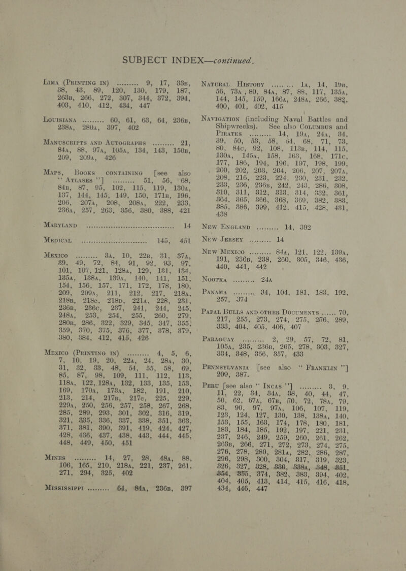 Lima (PRINTING IN) ......... 93-17, 335, Go, 40, 89; STO 130,70 179 187, 263B, 266, 272, 807, 344, 372, 394, 403, 410, 412, 4384, 447 LOUISIANA 238A, 60, 61, 63, 64, 236B, 280a, 397, 402 MANUSCRIPTS AND AUTOGRAPHS © ......... 21, 84a, 88, 974, 1054, 134, 143,. 150s, 209, 2094, 426 Mars, Booxs contTainine [see also ATLAS EAS Uhmenise oo eyes DL oe 5G FOS; 84n, 87, 95, 102, 115, 119, 180a, 137, 144, 145; 149, 150, 171B, 196. 206;*20Ta, 208;-': 2084,’ 222° 52338, 236A, 257, 268, 856, 380, 3888, 421 Pm VIGNE SP rane ee are 2) 2. ae 14 MEDICAL oeseeeeseeee Leake: 145, 451 MERTOG Mr e.505.5) Ay, (LOS 22B, SL STA: Oat, “toy O4;, GL. 92.. IBe OF. 101, 107, 121, °128a, 129) 131, 184. TODA) PAOOA LOA) TAO) TAT LISP: Piso 4too. kT, ATT 172. A780 160. POU SAGA ALT WO PASP A 1 oro 1 Bae 218p, 218c, 218p, 2214, 228, 231, 236n, 2360, 237, 241, 244, 245, 245k, 200,. 204 IP 2b5.) 260, 279; 280B, 286, 822, 329, 345, 347, 355, 359, 870, 375, 376, 377, 878, 379, 380, 884, 412, 415, 426 Mexico (PRINTING IN) ......... 4 ae 6 710; 19) 20,924 24, 284° 80, 51,82, “S370 480ws4. 55. 58, 69. She Ley Goumtoge T1119.) 113 TISk Wiese 153. 135) 183. 169; 1702 We i78a6 182.) 191, © 210. 213, 214, 2178, 217c, 225, 229, 2294, 250, 256, 257, 258, 267, 268, 285, 289, 293, 301, 302, 316, 319, 321, 336, 837, 888, 351, 363, 371, 390, 891, 419, 424, 427, 428, 487, 488, 443, 444, 445, 448, 450, 451 MINES 106, 271, bi Fab 14; 27, 28, 165, 210, 218a, 221, 325, 402 48a, 88, 237, 261, MISSISSIPPI ......... 64, 397 NaturaL | History ”.....-... la, 14,. 1D, 56, 7384 ; 80, 844; 87, 88, 117, 135a, 144, 145, 159, 166a, 248, 266, 382, 400, 401, 402, 415 Naviaation (including Naval Battles and Shipwrecks). See also Conumsus and BIBATE Sa gone 14. (Y94) 2445» Bae SON) OOS s0e sere: 2 G4, (680. TIL Te: 805840, 9200108, jllsg esti S115, 1304; 1454, 7158, 163, 168) 171c, 177,. 186, 194, 196, 197, 198, 199, 200, 202, 203, 204, 206, 207, 207a, 208 ;.' 216.) 225,224, 230, 281, 282, 233, 236, 2368, 242, 243, 286, 308, 310, 311, 312, 318, 314, 332, 361, 364, 365, 3866, 368, 369, 382, 383, 385, 386, 399, 412, 415, 428, 481, 438 New ENGLAND New JERSEY New Mexico 84a, 121, 191, 2368, 238, 260, 305, 440, 441, 442 24a 34, 104, 181, 122, 189, 346, 436, eeeeeeeee Nootka 183, 192, PapaL BULLS AND OTHER DOCUMENTS ...... ite 2L7, 200,273, 274, 275, 276, 289, 333, 404, 405, 406, 407 PARAGUAY, GAs e: 0. 25) 29 Oca Cele 1054, 235, 2368, 265, 278, 308, 327, 334, 348, 356, 357, 433 PENNSYLVANIA 209, 387. [see also ‘‘ FRANKLIN ”’] 83, 90, 97, 974, 106, 107, 128, 124, 127, 180, 188. 138. 153, 155, 163, 174, 178, 180. 183, 184, 185, 192, 197, 291. 237, 246, 249, 259, 260, 261, 2638, 266, 271, 272, 273, 274, 276, 278, 280, 2814, 282, 286, 296, 298, 300, 304, 317, 319, 326, 827, 328, 330, 3384, 348, 354, 355, 374, 382, 3883, 394, 404, 405, 418, 414, 415, 416, 434, 446, 447 119, 140, 181, 231, 262, 275, 287, 323, 851, 402, 418,