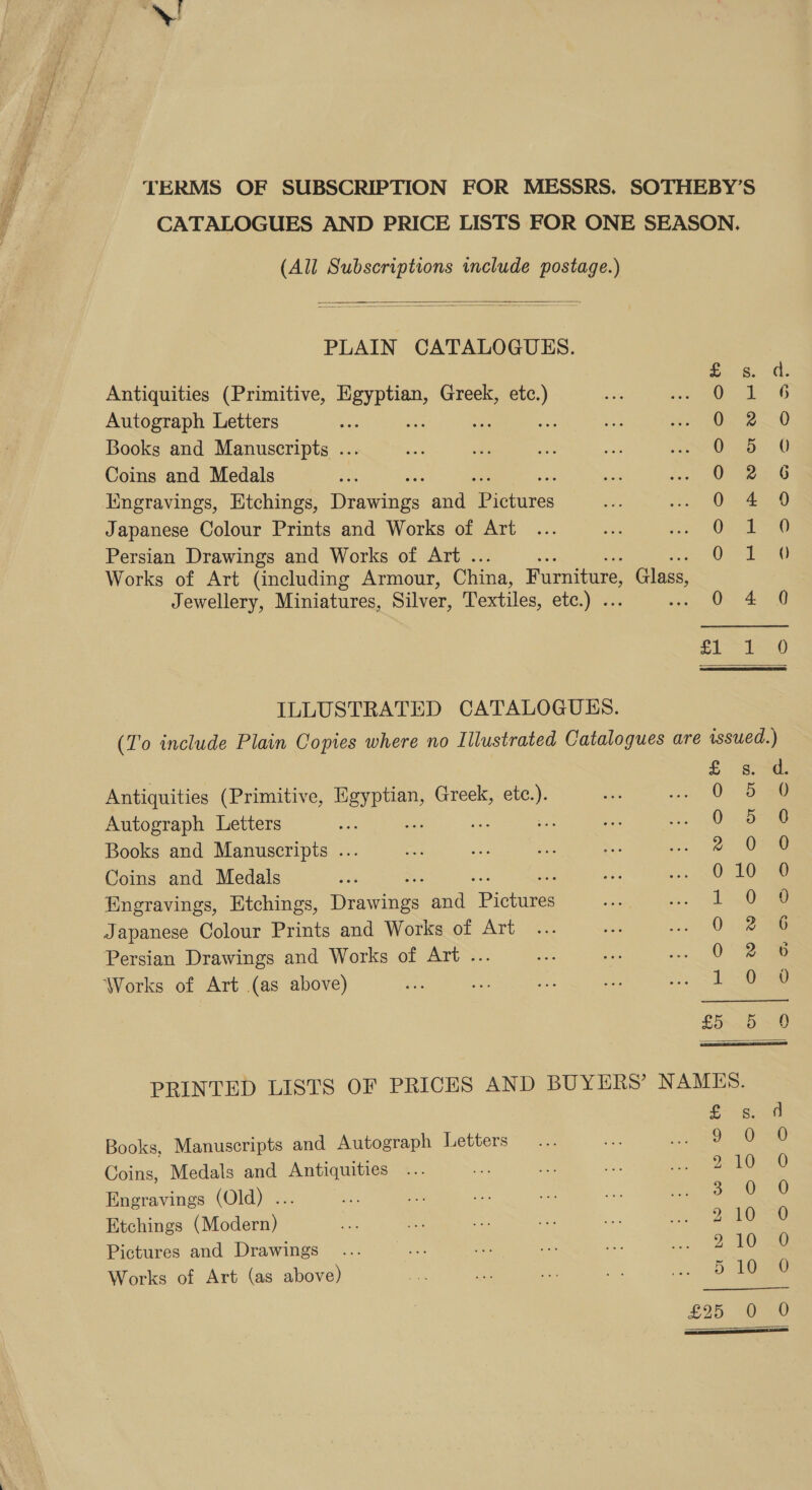 TERMS OF SUBSCRIPTION FOR MESSRS. SOTHEBY’S CATALOGUES AND PRICE LISTS FOR ONE SEASON. (All Subscriptions include postage.)   PLAIN CATALOGUES. Antiquities (Primitive, nal ae Greek, etc.) Autograph Letters os an Books and Manuscripts ... Coins and Medals Iingravings, Htchings, Dares and Meeiires Japanese Colour Prints and Works of Art Persian Drawings and Works of Art . Works of Art (including Armour, China, Furniture, Glass, Jewellery, Miniatures, Silver, Textiles, etc.) . S66 Sacro oe re PP wo ow HF cz © ps &gt;  ILLUSTRATED CATALOGUES. (To include Plain Copies where no Illustrated Catalogues are issued.) Ad. Antiquities (Primitive, pe Greek, eee Autograph Letters 3 Books and Manuscripts ... Coins and Medals . Hingravings, Etchings, ery and Pictes Japanese Colour Prints and Works of Art Persian Drawings and Works of Art ... Works of Art (as above) ne o.O FH Gao om at S wo 29 /S So So a ae OS | th Or on )  PRINTED LISTS OF PRICES AND BUYERS’ NAMES. £- upiaatl Books, Manuscripts and Autograph Letters 9 “Ox Coins, Medals and Antiquities ¥ OSTOS 0 Eneravings (Old) . ae | iis 0) Etchings (Modern) 9-10-30 Pictures and Drawings 2 10 Works of Art (as above) 5 10500 £96: VO ee