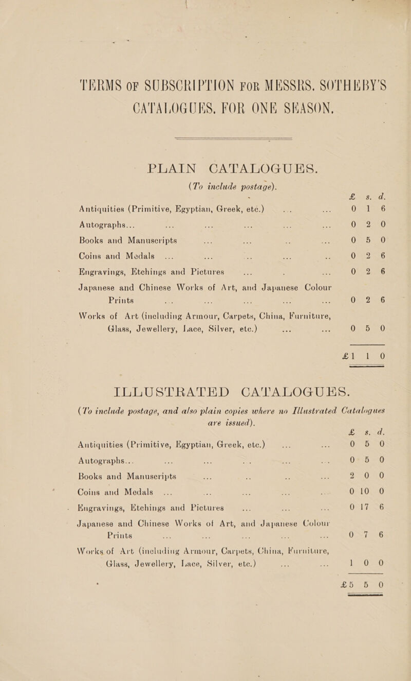 CATALOGUES, FOR ONE SHASON,   PLAIN CATALOGUES. (To include postage). Antiquities (Primitive, Egyptian, Greek, etc.) Autographs... Books and Manuscripts Coins and Medals Engravings, Etchings and Pictures Japanese and Chinese Works of Art, and Japanese Colour Prints Works of Art (including Armour, Carpets, China, Furniture, Glass, Jewellery, Lace, Silver, ete.) EPs ate | OSE 6G OREVeD OS oe 02° 6 0 2 6 Os-2 36 Osh 0 ees Laie are issued). Antiquities (Primitive, Egyptian, Greek, etc.) Autographs... Books and Manuscripts Coins ond Medals Engravings, Etchings and Pictures Japanese and Chinese Works of Art, and Japanese Colour Prints Works of Art (including Armour, Carpets, China, Furniture, Glass, Jewellery, Lace, Silver, etc.) £ s. ad, OF OP 20 0-5 0 7 tte WEL 6 0-10..-0 elie Ss tie Si fe jee ER Se 