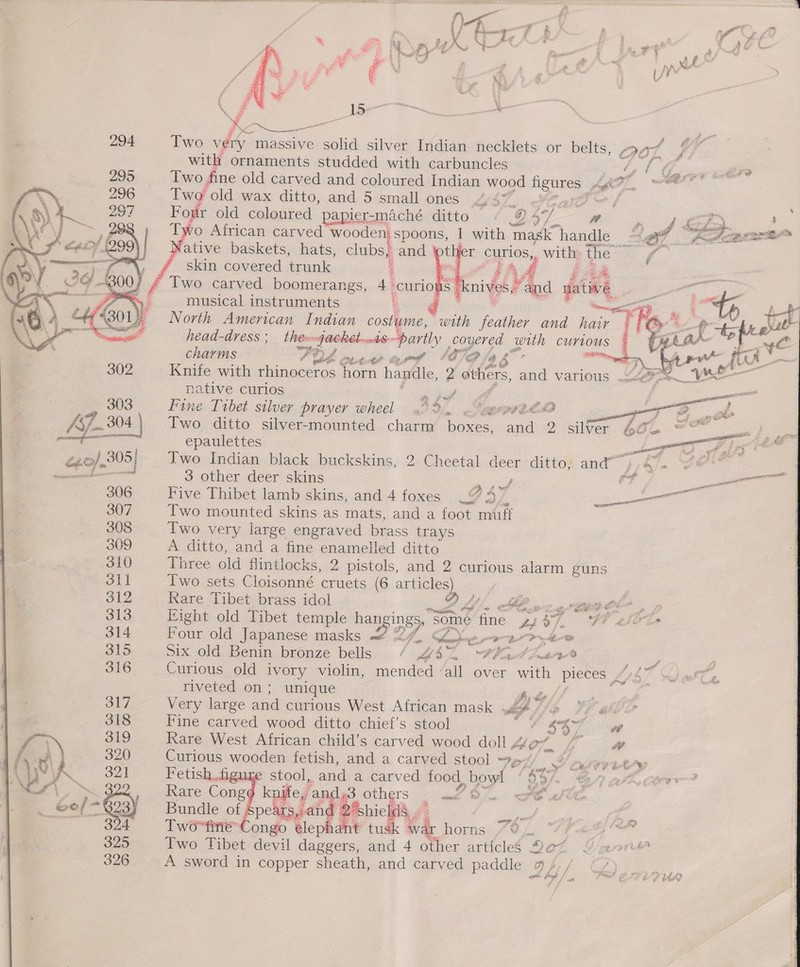  oo i i/ IN ee r ft SM), aes heey re <a ae a : is) \ je * 294 Two very massive solid silver Indian necklets or belts, QOL é with ornaments studded with carbuncles SS Ss fire Two fine old carved and coloured Indian wood figures | Ef Leta atone we Iwe old wax ditto, and 5 small ones 4-4 e ast ef f é r a ow ran, Four old coloured papler- -mache ditto DST Ww : } Mme ; a a = 2 iy : ‘ wae. ais meee 2  Two African carved wooden\ spoons, 1 with mask handle Yee i t er curios,, with: the: ae Sah ie S. Knives,’ : “and FL ative baskets, hats, clubs skin covered trunk | : Two carved boomerangs, 4. curio musical instruments : ‘ thmaage North American Indian costume, with feather and hair head-dress 5 thexjacRétwuas—partly aes with curious ee > Ras ; charms PO arec inwd 4G fan a ae 5 Knife with rhinoceros ‘horn handle, 2 others, and various 4% native curios and   Fine Tibet silver prayer wheel 257 aprt CO Two ditto silver-mounted charm boxes, and: 2 - silver epaulettes Two Indian black buckskins, 2 Cheetal deer dittes amd jd 3 other deer skins gill Five Thibet lamb skins, and 4 foxes _@ 9”. aS Two mounted skins as mats, and a foot miuff Two very large engraved brass trays A ditto, and a fine enamelled ditto Three old flin tlocks, 2 pistols, and 2 curious alarm guns Iwo sets Cloisonné cruets (6 a Rare Tibet brass idol ML, PC 2a Bde Eight old Tibet temple hangings 501 some fine st]. Four old Japanese masks = “2/7, hoy adel dy atid Six old Benin bronze bells / “25% AVA tua Curious old ivory violin, mended ‘all over with pieces | riveted on ; unique AZ Very large and curious West African mask wa //@ 7 afi Fine carved wood ditto chief’s stool par JY Pd Rare West African child’s carved wood doll AAC Curious wooden fetish, and a carved stool “7 SY care figure stool, and a carved food bowl ‘$57. ey Rare Congg knife, and )3 others _ wf 6. FO Ste Bundle of Spears, and 2'shield§ decof “Congo elept ant tus. war horns /¥, “7 f-<@ Two Tibet devil daggers, and 4 other articles 967 Grant A sword in copper sheath, and carved paddle 9 /, / at al of P/      Rao aa 