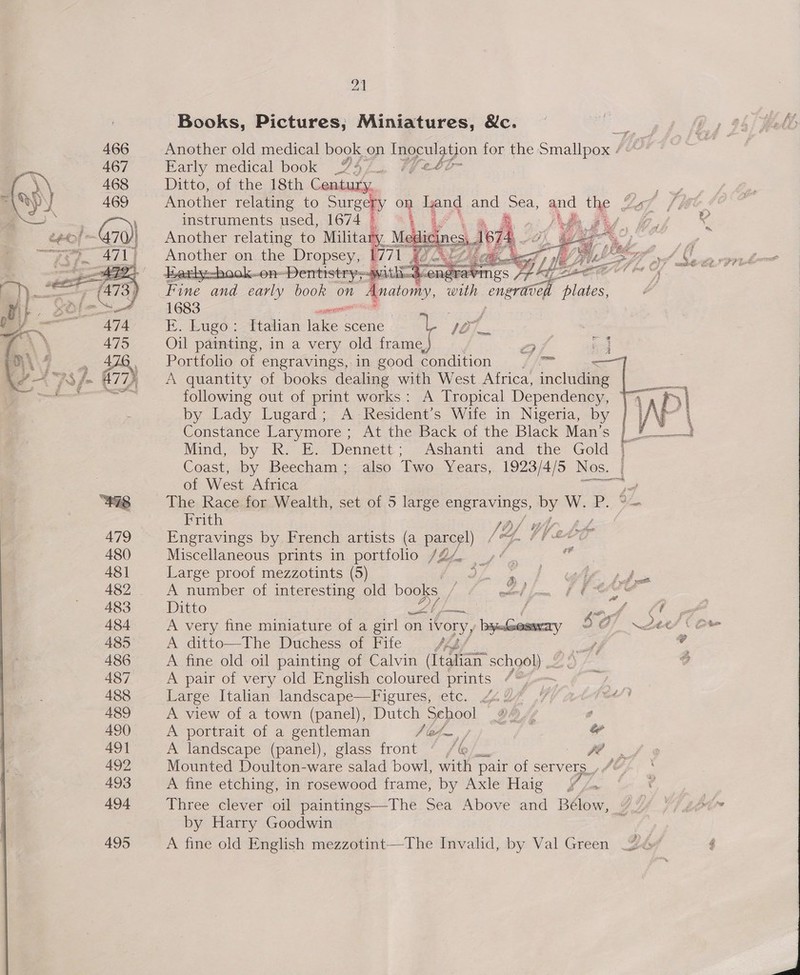Books, Pictures; Miniatures, &amp;c. Another old medical book on . hype for the. Smallpox / Early medical book .747., 7/24 Ditto, of the 18th Century. instruments used, 1674 © ‘ Another relating to Military Medic Another on the Dropsey, 9771 fg O27) 6 aa hh Bi ~on~Dentrstry Wii ied: engray ngs s Af te t Fine and early book on racks with engraved dale 1683 canes a E. Lugo: Italian lake scene 107. Oil painting, in a very old frame 2 Portfolio of engravings, in good condition | ™ A quantity of books dealing with West Africa, inckadene following out of print works: A Tropical Dependency, by Lady Lugard; A-Resident’s Wife in Nigeria, by Constance Larymore; At the Back of the Black Man’s | | Mind, by R. E. Dennett; Ashanti and the Gold rc Coast, by Beecham; also Two Years, 1923/4/5 Nos. :         of West Africa ae “478 The Race for Wealth, set of 5 large engravings, 5 W. i Frith ta / vA w 479 Engravings by French artists (a parcel) /* // 4 Ae 480 Miscellaneous prints in portfolio /2, >”. - 481 Large proof mezzotints (5) 9 ieee ie ye 482 A number of interesting old books ah a * pli 483 Ditto fs inf 484 A very fine miniature of a girl on log, 9 @/ 485 A ditto—The Duchess of Fife Fh b/ Gee. 486 A fine old oil painting of Calvin (Italian school) 2 ¢ 487 A pair of very old English coloured prints —~ i 488 Large Italian landscape—Figures, etc. ga U7 489 A view of a town (panel), Dutch Sehool #2, : 490 A portrait of a gentleman 7 ef | &amp; 49] A landscape (panel), glass front ‘ /@/. ee 492 Mounted Doulton-ware salad bowl, with pair of servers_, “©. 493 A fine etching, in rosewood frame, by Axle Haig 494 Three clever oil paintings—The Sea Above and Bélow, by Harry Goodwin 495 A fine old English mezzotint—The Invalid, by Val Green nape % 