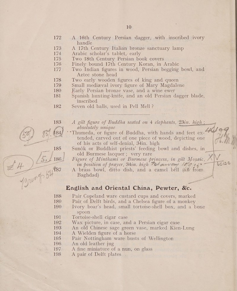 188 189 190 191 192 193 194 195 196 197; 198 10 A. 16th Century Persian dagger, -with inscribed ivory handle A 17th Century Italian bronze sanctuary lamp Arabic. scholar’s tablet, early Two 18th Century Persian book covers Finely bound 17th Century. Koran, in Arabic Two Indian figures in wood, Persian begging bowl, and Aztec stone head Two early wooden figures of king and queen Small medizval ivory figure of Mary Magdalene Early Persian bronze vase, and a wine ewer Spanish hunting-knife, and an old Persian dagger blade, inscribed Seven old balls, used in Pell Mell ?  A gilt figure of Buddha seated on 4 elephants, 23in. high ; ea eet d absolutely unique ‘*Thumeda, or figure of Buddha, with hands and feet ae - tended, carved out of one piece of wood, depicting one At Dp Ve of his acts of self-denial, 34in. high Ly &amp; ie /, ; Sunok or Buddhist priests’ feeding bowl and dishes, in r e old Burmese lacquer ; very rare yh? Figure of Minthami or Burmese princess, im gilt Mosaic, ¢\ \ Pie in position of prayer, 34in. high FF amv Cues MEG 444 =F GO12 A brass bowl, ditto dish’ AIS camel béll (all from j Baghdad) = English and Oriental China, Pewter, &amp;c. Pair Copeland ware custard cups and covers, marked Pair of Delft birds, and a Chelsea figure of a monkey Ivory boar’s head, small tortoise-shell box, and a bone spoon Tortoise-shell cigar case Wax picture, in case, and a Persian cigar case An old Chinese sage green vase, marked Kien-Lung A Wielden figure of a horse Pair Nottingham ware busts of Wellington An old leather jug A fine miniature of a nun, on glass A pair of Delft plates 