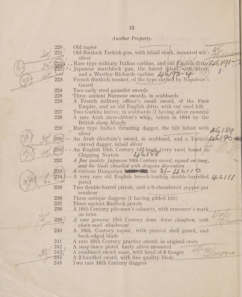 _ 220, Old rapier 2 of | —~ | silver aoe fier Ad 621) .. Rare type military Italian carbine, and old Belish ditto Lib ae r= L\D\4 _ 200) *~ Japanese matchlock gun, the barrel inlaid) MEL ‘silver, on ioft smth and a Westley-Richards carbine WY, 12 Another pai he    French flintlock musket, of the Eke carrie a iow S Guard A French military officer's small sword, of the First Empire, and an old English ditto, with cut steel hilt Two Gurkha knives, in scabbards (1 having silver mounts) A rare Arab slave-driver’s whip, taken in 1844 by the British sloop Mayfly silver ee curved dagger, inlaid silver , * An English 15th Century “uGiee rare) ) found at Chipping Norton A fine quality Japanese 16th ce sword, signed on tang, “A and the blade chiselled with dragons decoration | A curious Hungarian heer bit 32/- //&amp;// 2 . A very rare old English breech-loading double-barrelled £L.6 EE di pistol Two double-barrel pistols, and a 6-chambered pepper-pot » revolver Three antique daggers (1 having gilded hilt) | Three ancient flintlock pistols . A 16th Century pikeman’s cabasett, with armourer’s mark _____-$—+—— | on brim dy 4, — A rare genuine 15th Century demi horse chanfron, with » FA. chain-matl attachment — A 16th Century rapier, back-edged blade A rare 16th Century practice sword, in original State eS A snap-lance pistol, finely silver- mounted = ———~ vane A combined sword mace, with head of 8 flanges “OU ye yep A 2-handled sword, with fine quality blade ————————— Two rare 16th Century daggers with pierced shell Prd eae