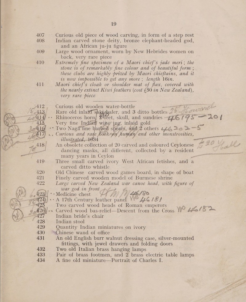  407 408   Curious old piece of wood carving, in form of a step rest Indian carved stone deity, bronze elephant-headed god, and an African ju-ju figure Large wood ornament, worn by New Hebrides women on back, very rare piece Extremely fine shecomen of a Maon chief's jade meri; the stone 1s of remarkably fine colour and of beautiful form ; these clubs ave ighly prized by Maon chieftains, and it is now impossible to get any more; length \6in. Maori chief’s cloak or shoulder mat of flax, covered with the nearly extinct Kiwi feathers (cost £50 in New Zealand), very rare piece  Curious old wooden water-bottle 3D, Rare old inlai Wee and 3 ditto Bottles gb Pm es    Very fine IndiatY wine’ jug, inlaid gold abed spears, and 2 others blak 0 De —S An obsolete collection of 20 carved and coloured Ceylonese dancing masks, all different, collected by a resident — Three small carved ivory West Airican fetishes, and a carved ditto whistle Old Chinese carved wood games board, in shape of boat Finely carved wooden model of Burmese shrine Large carved New Zealand war canoe head, with figure of war god in front 2 a, J A) aoe 1230, Two carved wood heads of Roman emperors + ant Carved wood bas-relief—Descent from the Cross YY? 44@ 6 Indian bride’s chair Indian stool Quantity Indian miniatures on ivory An old English burr walnut dressing case, silver-mounted fittings, with jewel drawers and folding doors Two old Italian brass hanging lamps Pair of brass footmen, and 2 brass electric table lamps A fine old miniature—Portrait of Charles I.