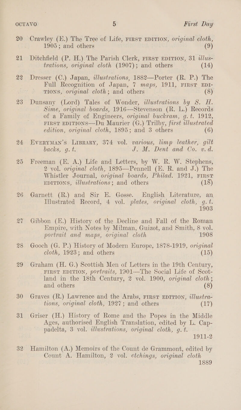 20 21 23 24. 26 a7 29 30 dl 32 Crawley (K.) The Tree of Life, FIRST EDITION, original cloth, 1905; and others (9) Ditchfield (P. H.) The Parish Clerk, rrrst EDITION, 31 dlus- trations, original cloth (1907); and others (14) Dresser (C.) Japan, dlustrations, 1882—Porter (R. P.) The Full Recognition of Japan, ? maps, 1911, FIRST EDI- TIONS, original cloth; and others (8) Dunsany (Lord) Tales of Wonder, wlustrations by 8. H. Sime, original boards, 1916—Stevenson (R. L.) Records of a Family of Engineers, original buckram, g.t. 1912, FIRST EDITIONS—Du Maurier (G.) Trilby, first illustrated edition, origimal cloth, 1895; and 3 others (6) EVERYMAN’S Liprary, 374 vol. various, lump leather,. gilt backs, gq. t. od M. Dent and Co. v.d. Freeman (KE. A.) Life and Letters, by W. R. W. Stephens, 2 vol. original cloth, 1895—Pennell (KH. R. and J.) The Whistler Journal, original boards, Philad. 1921, FIRST EDITIONS, illustrations; and others (18) Garnett: (R.) and Sir Hy Gosse. English, Literature, an, Hllustrated Record, 4 vol. plates, original cloth, g. t. 1903 Gibbon (i4.) History of the Decline and Fall of the Roman Hmpire, with Notes by Milman, Guizot, and Smith, 8 vol. portrait and maps, original cloth 1908 Gooch (G. P.) History of Modern Europe, 1878-1919, original cloth, 1923; and others (15) Graham (H. G.) Scottish Men of Letters in the 19th Century, _FIRST EDITION, portraits, 1901—The Social Life of Scot- land in the 18th Century, 2 vol. 1900, original cloth; and others (8) Graves (R.) Lawrence and the Arabs, FIRST EDITION, tlustra- tions, original cloth, 1927; and others (17) Griser (H.) History of Rome and the Popes in the Middle Ages, authorised English Translation, edited by L. Cap- padelta, 3 vol. wdlustrations, original cloth, g. t. 1911-2 Hamilton (A.) Memoirs of the Count de Grammont, edited by Count A. Hamilton, 2 vol. etchings, original cloth 1889