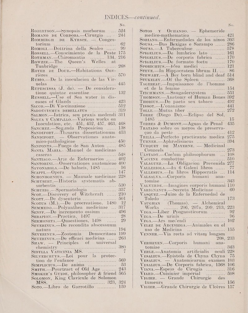 Rosertson.—Synopsis morborum Romano ve Corposa.—Cirurgia RoMBERGH DE Kyrspr. Conges- FORMU ee gignerth. catiene W one ce kia dets Romori.—Dottrina della Scalco ..,..: Rossetu.—Convecimiento de la Peste Rotuman.—Chiromantia. ......... 134, RowzreE.—The Queen’s Welles at Tunbridge Royer pE Dovur.—Habitations Ouv- TIGER) oe bs Beis tle nAiae ad eed dads ae Rvusto.—De la inoculacion de las Vir- TO LBS ay mrepem aged skys’, eben eine aM de Sedte Rurpescissa (J. de). — De considera- tione.,quintae. essentiag, ... bc... sd. Russeit.—Use of Sea water in dis- 6266040 Delano s aim: sear a, ee ee Sacco.—Di Vavcinazione 2... 0..0.000cc00: SADDUCISMUS DEBELLATUS............... Satmon.—latrica, seu praxis medendi Satva y CampPiLLo.—Various works on Inoculation, etc. 451, 452, 457, 463, SANCHEZ.—Seguanda Proposicion ...... Sanpi1ForT.—-I'kesarus dissertationum SaNpiIForRT. — Observationes anato- mico-pathologicae Sanponts.—Fuego de San Anton ...... Santa Marta.- -Manuel de medicinas caseras Santraco.—Arte de Enfermerios ...... SANTORINI.-—Onservationes anatomicae SavVoNaRoLA.-——De balneis, 1485 ......... RRP ie) VC ale peta ata ie a Ly ereh vee OO ScnHonpornivus. — Manuale medicinae Scuusert.—Historia systematis ab- SOT DiGi) LLG a areas ort iii Mla! Quotes aan Scuuric.—-Spermatologia Scot.—Discovery of Witchcraft ...... Scorn eed V¥CeRLerial.&lt;.....5.5.3-. deh sere Scotus (M.).—De procreatione, 1480 Semmepo.—Polyanthea medicinae SenFF.—De incremento ossium ......... SprRAPION.—Practica, 1497 SERMONETA.—Quaestiones, 1498 ...... SrvERINUS.—De recondita abscessuum  ORCL cee eee Te me i cd ates hese eet SEVERINUS.—Zootomia Democritaea SEVERINUS.—De efficaci medicina ...... SHaw. — Principles of universal chemistry SipyLLA Vaticrinia MS. Sinvercruys.—Loi pour la_ protec- tion de l’enfance SrMpurcius.—Des -amama) 2... 46. 023.6 .2.. SmituH.—Pourtract of Old Age ......... Smoxer’s Guipk&amp;, philosopher &amp; friend Sotomon, King Clavicule de Solomon 1.4 eto Ao Sa? Bo An rai eye ace 323, Soto.—Libro No. 524 244 62 99 175 216 268 570 445 132 493 512 319 ort 468 138 453 450 A85 548 402 A400 16 147 228 530 307 210 501 12 317 A96 28 29 194 L199 263 380 7 569 Be 243 565 324  Sotos yy OcHANDO. medico-mathemati¢ca «.isntk.....0ccee- Sortano.—Hnfermedades de los ninos Sousa.—Das Bexigas e Sarampo ...... moves..A., Tn berentlode coy eh a ee SPIGELIUS.—De lumbrico lato ~......::: SPIGELIUS.—De corporis fabrica .....: SPIGELIUS.—De formato foetu ......... SPORICHIUS.—Kiea. medici .f.-.a.8 Ses StEVE.—In Hippocratem hbrum II. Srewart.—A Boy born blind and deaf STUKELEY.—Of the Spleefieins.) .ahat TAGEREAU.—Impuissance de l’homme et desla,temimic, ~sas cna ee TEICHMANN.—-Saugadersystem ......... T'HoMSsON.—Anetomy of Human Bones : THortus.—De paeto seul. tabacouwex Tissot... onanigmeuae Aen Lae Toni. Mutis. lier shee ee  TORRE fiieas De).—Eclipse del Sol, LABS. neta oils 5 ire tani ee a eae Torres &amp; DumMont.—Aguas de Penal TRATADO sobre os meyos de preserva- C20. da, DEStE, ...ckste nce eh. RON ee TrituaA.—Perfecto practicante medica LUBNER= =A. DNTOCISIACUS: ..s:.60) bee TurquerT pe Maverne. — Medicinal Ceouncels «79... 268... Sse eee ee Unstapr.—Coelum philosophorum VACCINE. combaitue. 2 3e8¢&gt; xe VaLacuer.—La Obligacion Prevenida VALLERIOLA.—In 6 Galeni libros ...... Vatuestus.—In libros Hippocratis VALSALVA.—Corporis humani_ ana- GO TINA Ge. 2, cate, ws a ee VALVERDE.-—_Imagines corporis humani VARIGNANUS.—Secreta Medicinae ...... Vasquez.—Juizo de la Enfernedad de haleédow cis Be eat te lek tov ee eee VaucHan (Thomas). — Alchemical Works: | &lt;dSiacms, 206, 207a,. 209, 213; Veca.—Liber Pi ognosticorum pO Sr MiiOd De = Li ite te, i. uavesee riaes ere Veca.—Ars mecendi VELEZ DE ARCINIEGA. uso de Medicina VENNER.—Via recta ad vitam longam 208, VERHEYEN.—Corporis humani_ ana- COTNIAG4 sae ce ek en . nae ee VeRLE.—Anatomia artificialis oculi Vesatius.—Kpistola de Chyna Chyna Vesatius. — Anatomicarum examen Vesatius.—De Corporis fabrica, 1568 Animales en el  Vrana.—Espejo de Cirugia ............ Viarp.—Cuisinier impérial_............ Vicier. — Grande Chirurgie’ des PUIMOULS Wi. citer acs v&lt;ceetae see Pet oe oe Vicipr.—Grande Chirurgie de Ulcéres 42] 303 435 412 275 343 110 60 233 343 228 75 103 L106 157