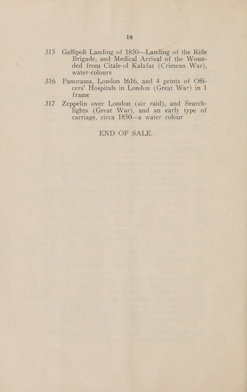 315 Gallipoli Landing of 1850—Landing of the Rifle Brigade, and Medical Arrival of the Woun- ded from Citale-ol Kalafat (Crimean War), water-colours | 316 Panorama, London 1616, and 4 prints of Off- cers’ Hospitals in London (Great War) in 1 frame | 317 Zeppelin over London (air raid), and Search- lights (Great War), and an early type of carriage, circa 1850—a water colour END OF SALE.