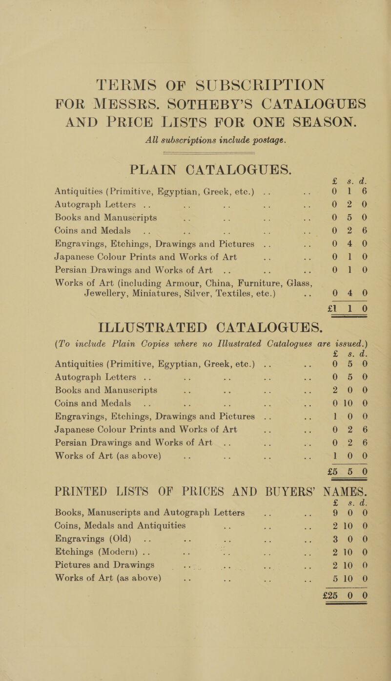 TERMS OF SUBSCRIPTION FOR MESSRS. SOTHEBY’S CATALOGUES AND PRICE LISTS FOR ONE SEASON. All subscriptions include postage.   PLAIN CATALOGUES. Antiquities (Primitive, Egyptian, Greek, etc.) Autograph Letters .. Books and Manuscripts Coins and Medals ie oe Engravings, Etchings, Drawings and Pictures Japanese Colour Prints and Works of Art Persian Drawings and Works of Art Works of Art (including Armour, China, Furniture, Glass, Jewellery, Miniatures, Silver, Textiles, etc.) Sooo o Oo OFM Soo MAT Ooo OF S a \S2) £1 1 0 ILLUSTRATED CATALOGUES. (To include Plain Copies where no Illustrated Catalogues are issued.) See Antiquities (Primitive, Egyptian, Greek, etc.) .. iss 0° 5-8 Autograph Letters .. 0 5 0 Books and Manuscripts 2 0 0 Coins and Medals oe a2 a be 010 0 Engravings, Etchings, Drawings and Pictures .. #3 be Gea Japanese Colour Prints and Works of Art 0 2 6 Persian Drawings and Works of Art 0 (226 Works of Art (as above) 1-0-0 £5 5 0 PRINTED LISTS OF PRICES AND BUYERS’ NAMES. S$. &lt;Ge Books, Manuscripts and Autograph Letters y 9 Coins, Medals and Antiquities i ak ae 2 Works of Art (as above) 5