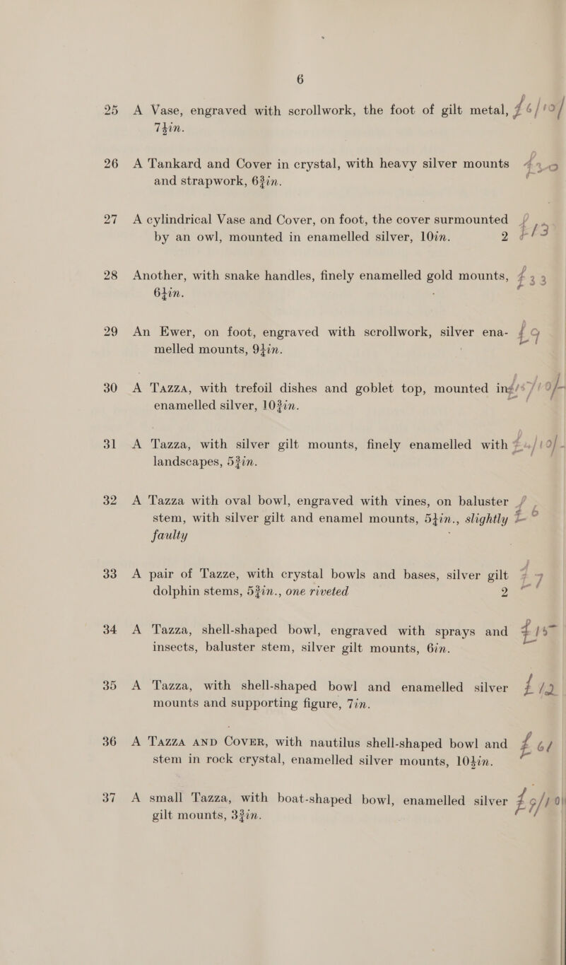 25 26 27 28 29 30 31 32 33 34 30 36 37 6 A Vase, engraved with scrollwork, the foot of gilt metal, 4 6 | 19] 7T40n. A Tankard and Cover in crystal, with heavy silver mounts “4 5 and strapwork, 63in. A cylindrical Vase and Cover, on foot, the cover surmounted / by an owl, mounted in enamelled silver, 10in. &gt; EE 2 Another, with snake handles, finely enamelled gold mounts, ¢ 33 64in. An Ewer, on foot, engraved with scrollwork, silver ena- £9 melled mounts, 94in. ! A Tazza, with trefoil dishes and goblet top, mounted ing/* /’ a/- enamelled silver, 103in. : A Tazza, with silver gilt mounts, finely enamelled with ¢ ‘ / vf . landscapes, 53in. : A Tazza with oval bowl, engraved with vines, on baluster _/ ) stem, with silver gilt and enamel mounts, 5hin., slightly = ° faulty A pair of Tazze, with crystal bowls and bases, silver gilt dolphin stems, 527n., one riveted 2 A Tazza, shell-shaped bowl, engraved with sprays and + | 47 insects, baluster stem, silver gilt mounts, 6in. A 'Tazza, with shell-shaped bowl and enamelled silver Lig mounts and supporting figure, Jin. A Tazza AND COVER, with nautilus shell-shaped bowl and # 4/ stem in rock crystal, enamelled silver mounts, 104in. A small Tazza, with boat-shaped bowl, enamelled silver Fs 9/1 0} gilt mounts, 320n. fe / 