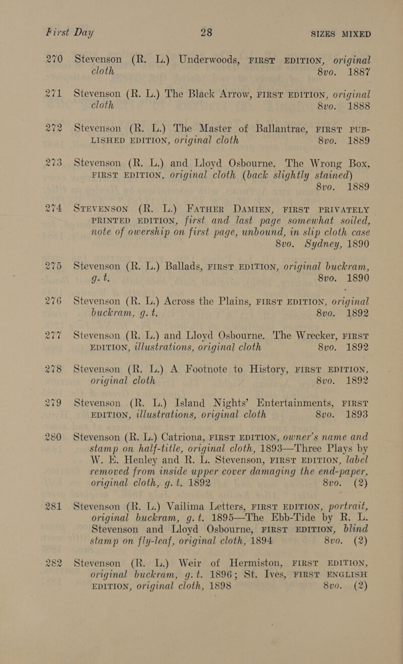 270 281 Stevenson (R. L.) Underwoods, First EDITION, original cloth 8vo. 1887 Stevenson (R. L.) The Black Arrow, FIRST EDITION, original cloth 8vo. 1888 Stevenson (R. L.) The Master of Ballantrae, Frrst PuB- LISHED EDITION, original cloth 8vo. 1889 Stevenson (R. L.) and Lloyd Osbourne. The Wrong Box, FIRST EDITION, original cloth (back slightly stained) 8vo. 1889 STEVENSON (R. L.) FATHER DAMIEN, FIRST PRIVATELY PRINTED EDITION, first and last page somewhat soiled, note of owership on first page, unbound, in slip cloth case 8vo. Sydney, 1890 Stevenson (R. lL.) Ballads, First EDITION, original buckram, g. t. | 8vo. 1890 Stevenson (R. L.) Across the Plains, FIRST EDITION, original buckram, g. t. 8vo. 1892 Stevenson (R. L.) and Lloyd Osbourne. The Wrecker, First EDITION, tllustrations, original cloth 8vo. 1892 Stevenson (R. L.) A Footnote to History, FIRST EDITION, original cloth 8v0. 1892 Stevenson (R. L.) Island Nights’ Entertainments, FIRST EDITION, illustrations, original cloth 8vo. 1893 Stevenson (R. L.) Catriona, FIRST EDITION, owner's name and stamp on half-title, original cloth, 1893—Three Plays by W. E. Henley and R. L. Stevenson, First EDITION, label removed from inside upper cover damaging the end-paper, original cloth, g. t. 1892 8v0. (2) Stevenson (R. L.) Vailima Letters, FIRST EDITION, portrait, original buckram, g.t. 1895—The Ebb-Tide by R. L. Stevenson and Lloyd Osbourne, FIRST EDITION, blind stamp on fly-leaf, original cloth, 1894 8vo0. (2) Stevenson (R. L.) Weir of Hermiston, FIRST EDITION, original buckram, g.t. 1896; St. Ives, FIRST ENGLISH