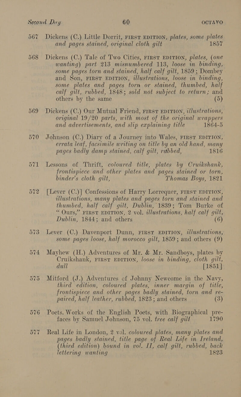 567 568 069 570 Or 2 ~z Dickens (C.) Little Dorrit, FIRST EDITION, plates, some plates and pages stained, original cloth gilt 1857 Dickens (C.) Tale of Two Cities, FIRST EDITION, plates, (one wanting) part 213 misnumbered 113, loose in binding, some pages torn and stained, half calf gilt, 1859 ; Dombey and Son, FIRST EDITION, illustrations, loose in binding, some plates and pages torn or stained, thumbed, half calf gilt, rubbed, 1848; sold not subject to return; and others by the same (5) Dickens (C.) Our Mutual Friend, First EDITION, illustrations, original 19/20 parts, with most of the original wrappers and advertisements, and slip explaining title 1864-5 Johnson (C.) Diary of a Journey into Wales, FIRST EDITION, errata leaf, facsimile writing on title by an old hand, many pages badly damp stained, calf gilt, ritbbed, 1816 Lessons of Thrift, coloured title, plates by Cruikshank, frontispiece and other plates and pages stained or torn, binder’s cloth gilt, Thomas Boys, 1821 [Lever (C.)] Confessions of Harry Lorrequer, FIRST EDITION, ulustrations, many plates and pages torn and stained and thumbed, half calf gilt, Dublin, 1839; Tom Burke of “ Ours,” FIRST EDITION, 2 vol. illustrations, half calf gilt, Dublin, 1844; and others (6) Lever (C.) Davenport Dunn, FIRST EDITION, tlustrations, some pages loose, half morocco gilt, 1859; and others (9) Mayhew (H.) Adventures of Mr. &amp; Mr. Sandboys, plates by Cruikshank, FIRST EDITION, loose in binding, cloth gilt, dull [1851 | Mitford (J.) Adventures of Johnny Newcome in the Navy, third edition, coloured plates, inner margin of title, frontispiece and other pages badly stained, torn and re- paired, half leather, rubbed, 1823; and others (3) Poets. Works of the English Poets, with Biographical pre- faces by Samuel Johnson, 75 vol. tree calf gill 1790 Real Life in London, 2 vol. coloured plates, many plates and pages badly stained, title page of Real Life in Ireland, (third edition) bound in vol. IT, calf gilt, rubbed, back lettering wanting 1823
