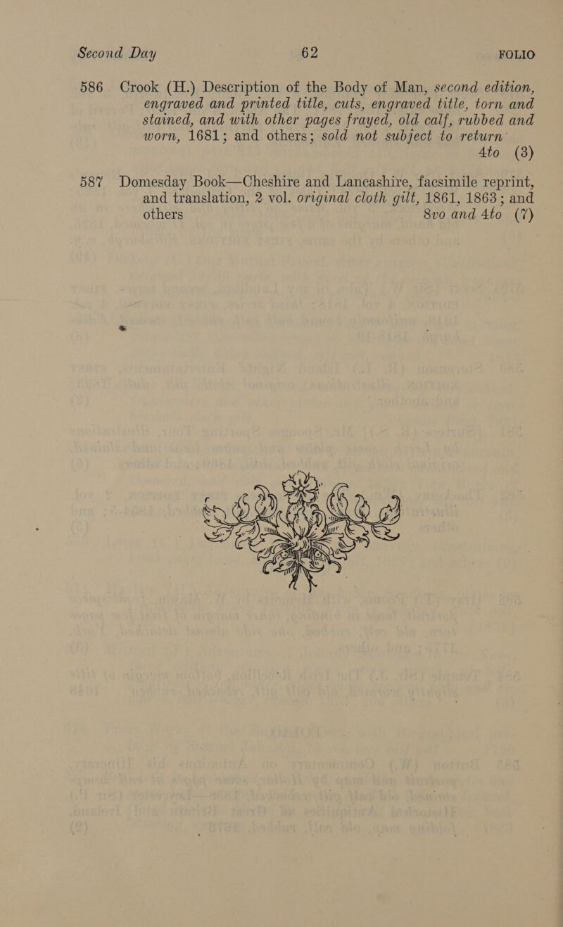 586 Crook (H.) Description of the Body of Man, second edition, engraved and printed title, cuts, engraved title, torn and stained, and with other pages frayed, old calf, rubbed and worn, 1681; and others; sold not subject to return’ Ato (8) 587% Domesday Book—Cheshire and Lancashire, facsimile reprint, and translation, 2 vol. original cloth gilt, 1861, 1863; and others 8vo and 4to (7) 