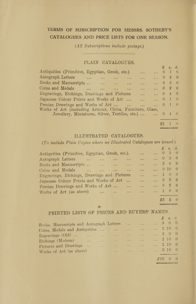 TERMS OF SUBSCRIPTION FOR MESSRS. SOTHEBY’S CATALOGUES AND PRICE LISTS FOR ONE SEASON. (All Subscriptions include postage.)   PLAIN CATALOGUES. Antiquities (Primitive, ees: Greek, etc.) Autograph Letters as ma Books and Manuscripts ... Coins and Medals Engravings, Etchings, Drawings ee Sure Japanese Colour Prints and Works of Art Persian Drawings and Works of Art . Works of Art (including Armour, China, Furniture, Glass, Jewellery, Miniatures, Silver, Textiles, STO 2 0 48 So So 6 Ss Ss Mm tH Ph WW cn aw HBF ILLUSTRATED CATALOGUES. (To include Plain Copies where no Illustrated Catalogues are issued.)  £ se Antiquities (Primitive, alae Greek, etc.). ate pe ae Autograph Letters os : va oe coe. We, or eie Books and Manuscripts ... ce ae Coins and Medals 016 6 Ingravings, Etchings, — and Pens iL 26 Japanese Colour Prints and Works of Art 02 = Persian Drawings and Works of Art ... Oe ie Works of Art (as above) i Oe £5 Db § oe PRINTED LISTS OF PRICES AND BUYERS’ NAMES. = 8 Books, Manuscripts and Autograph Letters o 4 Coins, Medals and Antiquities ... leg i se a Oi Be Engravings (Old) ... a on he eae ee | Etchings (Modern) 9 Pictures and Drawings ae a 9 Works of Art (as above) a Rs A ot