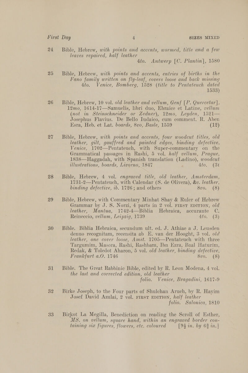 26 raid 28 29 31 32 33 Bible, Hebrew, with points and accents, wormed, title and a few leaves repaired, half leather 4to. Antwerp [C. Plantain], 1580 Bible, Hebrew, with points and accents, entries of births in the Fano family written on fly-leaf, covers loose and back missiny 4to. Venice, Bomberg, 1528 (title to Pentateuch dated 1533) Bible, Hebrew, 10 vol. old leather and vellum, Genf | P. Quercetar |, 12mo, 1614-17—Samuelis, libri duo, Ebraice et Latine, vellum (not in Steinschneider or Zedner), 12mo, Leyden, 1521— Josephus Flavius. De Bello Iudaico, cum comment. R. Aben Esra, Heb. et Lat. boards, 8vo0, Basle, 1559 (12) Bible, Hebrew, with points and accents, four woodcut titles, old leather, gilt, gauffred and painted edges, binding defectwe. Vemce, 1702—Pentateuch, with Super-commentary on the Grammatical passages in Rashi, 5 vol. half vellum, Prague, 1838—Hagegadah, with Spanish translation (Ladino), woodcut illustrations, boards, Livorno, 184% | Ato. (31 Bible, Hebrew, 4 vol. engraved title, old leather, Amsterdam, 1731-2—Pentateuch, with Calendar (S. de Olivera), &amp;c. leather, binding defective, 1b. 1726; and others 8vo. (8) Bible, Hebrew, with Commentary Minhat Shay &amp; Ruler of Hebrew Grammar by J. 8S. Norzi, 4 parts in 2 vol. FrrsT EDITION, old leather, Mantua, 1742-4—Biblia Hebraica, accurante C. Reineccio, vellum, Leipzig, 1739 Ato. (3) Bible. Biblia Hebraica, secundum ult. ed. J. Athiae a J. Leusden denuo recognitam, recensita ab KE. van der Hooght, 3 vol. old leather, one cover loose, Amst. 1705—Pentateuch with three Targumim, Masora, Rashi, Rashbam, Ibn Ezra, Baal Haturim, Redak, &amp; Toledot Aharon, 5 vol. old leather, binding defective, Frankfurt a.0. 1746 8vo. (8) Bible. The Great Rabbinic Bible, edited by R. Leon Modena, 4 vol. the last and corrected edition, old leather folio. Venice, Bragadim, 1617-9 Birke Joseph, to the Four parts of Shulchan Aruch, by R. Hayim Josef David Azulai, 2 vol. FIRST EDITION, half leather folio. Salonica, 1810 Birkot La Megilla, Benediction on reading the Scroll of Esther, MS. on vellum, square hand, within an engraved border con- taining sia figures, flowers, etc. coloured [94 in. by 63 in. ]