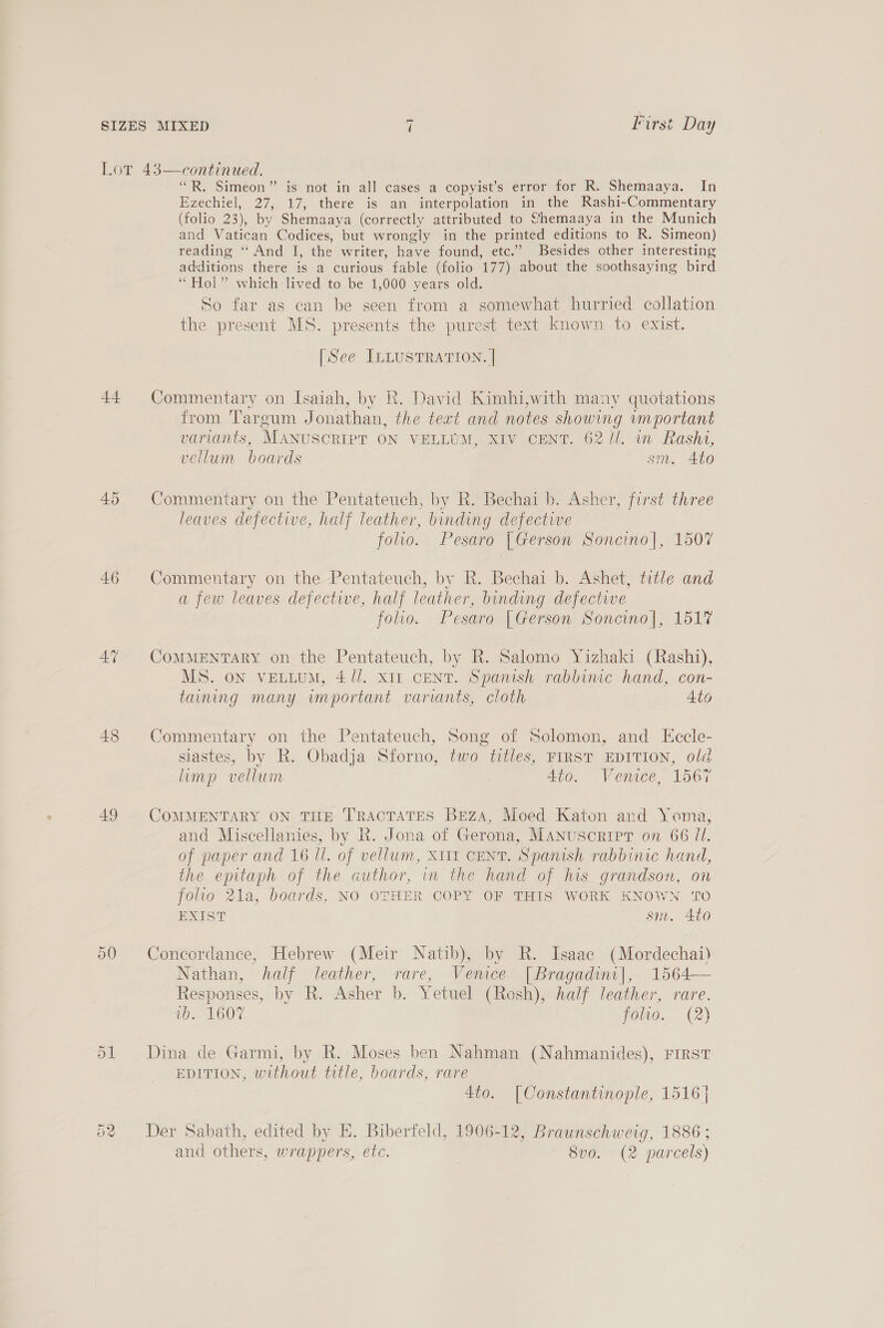 =~] First Day 44 45 46 at 48 49 Or S “R. Simeon” is not in all cases a copyist’s error for R. Shemaaya. In Ezechiel, 27, 17, there is an interpolation in the Rashi-Commentary (folio 23), by Shemaaya (correctly attributed to Shemaaya in the Munich and Vatican Codices, but wrongly in the printed editions to R. Simeon) reading ‘“ And I, the writer, have found, etc.” Besides other interesting additions there is a curious fable (folio 177) about the soothsaying bird ‘““Hol” which lived to be 1,000 years old. So far as can be seen from a somewhat hurried collation the present MS. presents the purest text known to exist. [See ILLUSTRATION. | Commentary on Isaiah, by R. David Kimhi,with many quotations from Targum Jonathan, the text and notes showing important varianis, MANUSCRIPT ON VELLUM, XIV CENT. 62 1/. in Rashi, vellum boards sm. Ato Commentary on the Pentateuch, by R. Bechai b. Asher, first three leaves defective, half leather, binding defective folio. Pesaro [Gerson Soncino|, 1507 Commentary on the Pentateuch, by R. Bechai b. Ashet, title and a few leaves defective, half leather, binding defective folio. Pesaro [Gerson Soncino|, 151% COMMENTARY on the Pentateuch, by R. Salomo Yizhaki (Rashi), MS. on VELLUM, 471. x11 CENT. Spanish rabbinic hand, con- taming many important variants, cloth Ato Commentary on the Pentateuch, Song of Solomon, and LKccle- siastes, by R. Obadja Sforno, two titles, FIRST EDITION, oli limp vellum Ato. Venice, 1567 COMMENTARY ON THE TRACTATES Beza, Moed Katon and Yoma, and Miscellanies, by R. Jona of Gerona, Manuscript on 66 Zl. of paper and 16 ll. of vellum, X11t CENT. Spanish rabbinic hand, the epitaph of the author, in the hand of his grandson, on folio 21a, boards, NO OTHER COPY OF THIS WORK KNOWN ‘TO EXIST sm. 4to Concordance, Hebrew (Meir Natib), by R. Isaac (Mordechai) Nathan, half leather, rare, Venice [Bragadini|, 1564—- Responses, by R. Asher b. Yetuel (Rosh), half leather, rare. ib. 1607 folio. (2) Dina de Garmi, by R. Moses ben Nahman (Nahmanides), FIRST EDITION, without title, boards, rare 4to. |Constantinople, 1516} Der Sabath, edited by E. Bibertfeld, 1906-12, Braunschweig, 1886 ; and others, wrappers, etc. | 8vo0. (2 parcels)