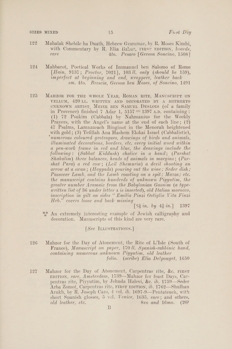 122 124 125 126 vee Mahalak Shebile ha Daath, Hebrew Grammar, by R. Moses Kimhi, with Commentary by R. Elia Bahur, rirst EprITIon, boards, rare Ato. Pesaro | Gerson Soncino, 1508 | Mahbarot, Poetical Works of Immanuel ben Salomo of Rome [Han, 9137; Proctor, 7021], 103 Ul. only (should be 159), umperfect at beginning and end, wrappers, leather back sm. 4to. Brescia, Gerson ben Moses, of Soncino, 1491 MAHZOR FOR THE WHOLE YEAR, RoMAN RITE, MANUSCRIPT, ON VELLUM, 420 LL. WRITTEN AND DECORATED BY A HITHERTO UNKNOWN ARTIST, MEIER BEN SAMUEL DESLOIS (of a family in Provence) finished 7 Adar 1, 5157 = 1397 a.p. containing : (1) 72 Psukim (Cabbala) by Nahmanius for the Weekly Prayers, with the Angel’s name at the end of each line; (2) 47 Psalms, Lamnazeach Binginot in the Menorah heightened jwith gold; (3) Tefillah Ana Hashem Elokai Israel (Cabbalistic), numerous coloured grotesques, drawings of birds and animals, uluminated decorations, borders, etc. every vmtial word within a pen-work frame in red and blue, the drawings include the following: (Sabbat Kiddush) chalice in a hand; (Parshat Shakalim) three balances, heads of anvmals in margins; (Par- shat Para) a red cow; (Leil Shemurin) a devil shooting an arrow at a swan; (Hayyada) pouring out the wine; Seder dish ; Passover Lamb, and the Lamb roasting on a spit; Mazza; ete. the manuscript contains hundreds of unknown Piyyutim, the greater number Aramaic from the Babylonian Gaonim (a type- written list of 36 under letter a is inserted), old Italian morocco, mscription in gilt on sides “ Emilia Pinar Ostigha Vita Funai Heb.” covers loose and back missing [Stin. by 46 an.] 1897 % decoration. Manuscripts of this kind are very rare. [See ILLUSTRATIONS. | Mahzor for the Day of Atonement, the Rite of L’Isle (South of France), Manuscript on paper, 170 Ul. Spanish-rabbinic hand, containing numerous unknown Pryyutim, old leather folio. (scribe) Elia Delpouget, 1650 Mahzor for the Day of Atonement, Carpentras rite, &amp;c. FIRST EDITION, rare, Amsterdam, 1739 Mahaor for ieee Days, Car- pentras rite, Piyyutim, by Jehuda Halevi, &amp;c. ib. 1759—Seder Arba Zomot, Carpentras rite, FIRST EDITION, i). 1762—Shulhan Arukh, by Bea oseph Caro, 4 vol. 2. 1697-9—Pentateuch, with short Spanish glosses, 5 vol. Venice, 1635, rare; and others, old leather, ete. 8vo and 16mo. (20 B