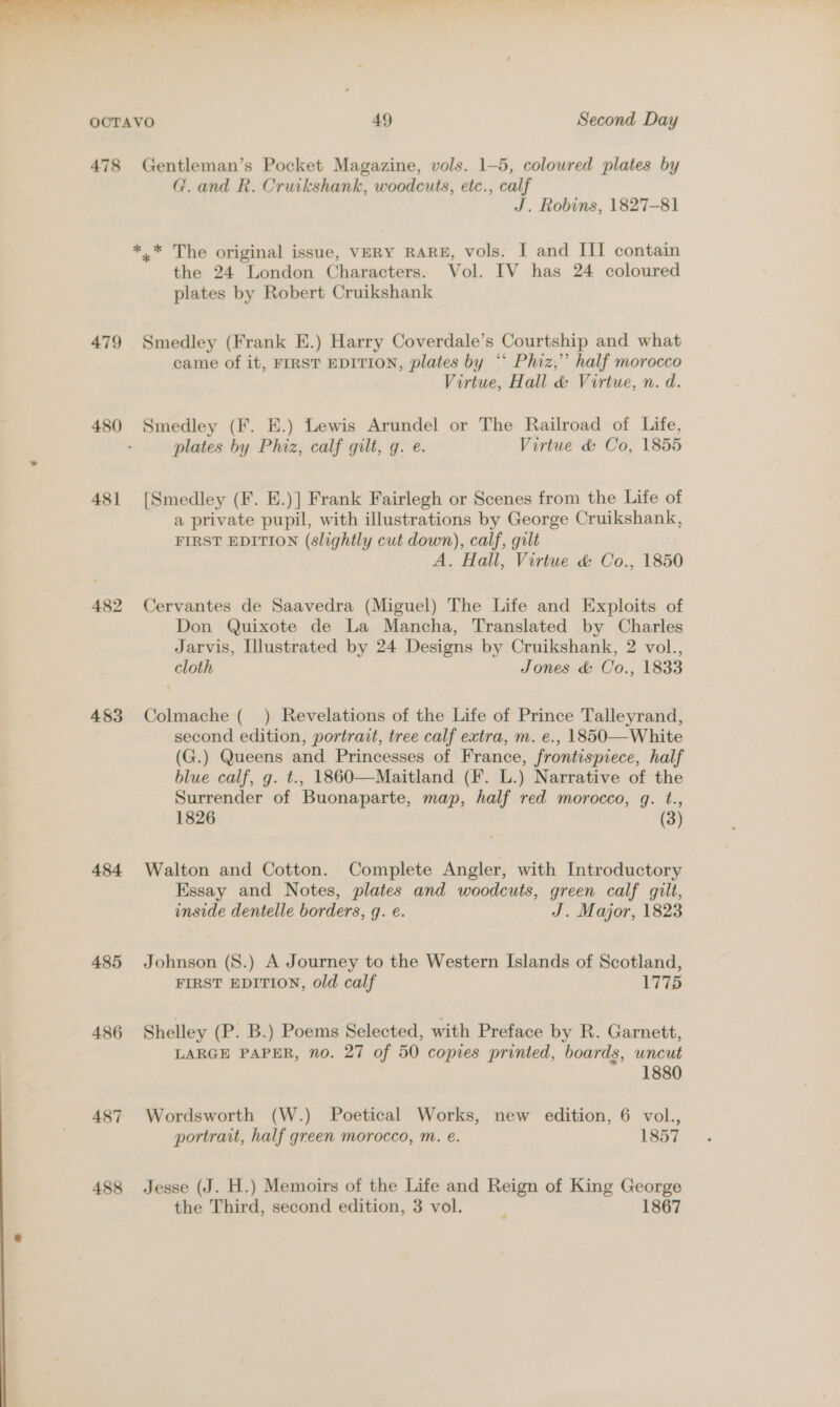 478 Gentleman’s Pocket Magazine, vols. 1-5, colowred plates by G. and R. Cruikshank, woodcuts, etc., calf J. Robins, 1827-81 *.* The original issue, VERY RARE, vols. I and III contain the 24 London Characters. Vol. IV has 24 coloured plates by Robert Cruikshank 479 Smedley (Frank E.) Harry Coverdale’s Courtship and what came of it, FIRST EDITION, plates by ‘* Phiz,’’ half morocco Virtue, Hall &amp; Virtue, n. d. 480 Smedley (F. E.) Lewis Arundel or The Railroad of Life, . plates by Phiz, calf gilt, g. e. Virtue &amp; Co, 1855 481 [Smedley (F. E.)] Frank Fairlegh or Scenes from the Life of a private pupil, with illustrations by George Cruikshank, FIRST EDITION (slightly cut down), calf, gilt A. Hall, Virtue &amp; Co., 1850 482 Cervantes de Saavedra (Miguel) The Life and Exploits of Don Quixote de La Mancha, Translated by Charles Jarvis, Illustrated by 24 Designs by Cruikshank, 2 vol., cloth Jones &amp; Co., 1833 483 Colmache (_ ) Revelations of the Life of Prince Talleyrand, second edition, portrait, tree calf extra, m. e., 1850—White (G.) Queens and Princesses of France, frontispiece, half blue calf, g. t., 1860—Maitland (F. L.) Narrative of the Surrender of Buonaparte, map, half red morocco, g. t., 1826 (3) 484 Walton and Cotton. Complete Angler, with Introductory Essay and Notes, plates and woodcuts, green calf gilt, inside dentelle borders, q. €. J. Major, 1823 485 Johnson (8.) A Journey to the Western Islands of Scotland, FIRST EDITION, old calf 1775 486 Shelley (P. B.) Poems Selected, with Preface by R. Garnett, LARGE PAPER, no. 27 of 50 copies printed, boards, uncut 1880 487 Wordsworth (W.) Poetical Works, new edition, 6 vol., portrait, half green morocco, m. e. 1857 488 Jesse (J. H.) Memoirs of the Life and Reign of King George the Third, second edition, 3 vol. : 1867