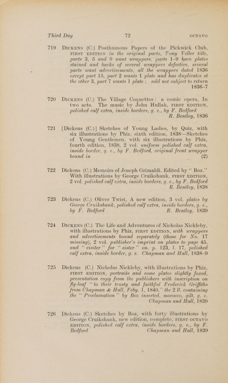 ao 720 721 722 723 724 726 Dickens (C.) Posthumous Papers of the Pickwick Club, FIRST EDITION in the original parts, Tony Veller title, parts 3, 5 and 9 want wrappers, parts 1-9 have plates stained and backs of several wrappers defective, several parts want advertisements, all the wrappers dated 1836 except part 15, part 2 wants 1 plate and has duplicates ot the other 3, part 7 wants | plate; sold not subject to return 1836-7 DickeEns (C.) The Village Coquettes: a comic opera, In two acts. The music by John Hullah, FIRST EDITION, polished calf extra, inside borders, g. e., by F. Bedford R. Bentley, 1836 six illustrations by Phiz, sixth edition, 1838—Sketches of Young Gentlemen, with six illustrations by Phiz, fourth edition, 1838, 2 vol. uniform polished calf extra, inside border, g. e., by F. Bedford, original front wrapper bound im (2) Dickens (C.) Memoirs of Joseph Grimaldi. Edited by ‘“‘ Boz.” With illustrations by George Cruikshank, FIRST EDITION, 2 vol. polished calf extra, inside borders, g. e., by F'. Bedford R. Bentley, 1838 Dickens (C.) Oliver Twist, A new edition, 3 vol. plates by George Cruikshank, polished calf extra, inside borders, g. €., by F. Bedford R. Bentley, 1839 Dickens (C.) The Life and Adventures of Nicholas Nickleby, with illustrations by Phiz, FIRST EDITION, with wrappers and advertisements bound separately (those for No. 17 missing), 2 vol. publisher's imprint on plates to page 45, and “‘ wsiter”’ for “ sister’? on. p. 123, 1. 17, poleshed calf extra, inside border, g. e. Chapman and Hall, 1838-9 Dickens (C.) Nicholas Nickleby, with illustrations by Phiz, FIRST EDITION, portraits and some plates slightly foxed, presentation copy from the publishers with inscription on jly-leaf “to their trusty and faithful Frederick Griffiths from Chapman &amp; Hall, Feby. 1, 1840,” the 2 ll. containing the ** Proclamation’”’ by Boz inserted, morocco, gilt, g. e. Chapman and Hall, 1839 Dickens (C.) Sketches by Boz, with forty illustrations by George Cruikshank, new edition, complete, FIRST OCTAVO EDITION, polished calf extra, inside borders, g. e., by F.